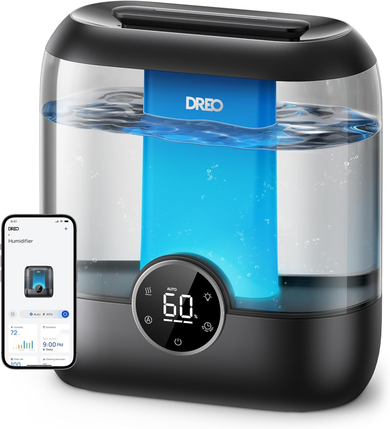 DREO Smart Humidifiers for Bedroom, 6L Top Fill Supersized Cool Mist Humidifier for Large Room, 60 Hour Runtime, Quiet Ultrasonic Humidifier for Plants, Baby, Indoor, Home, Night Light, Black