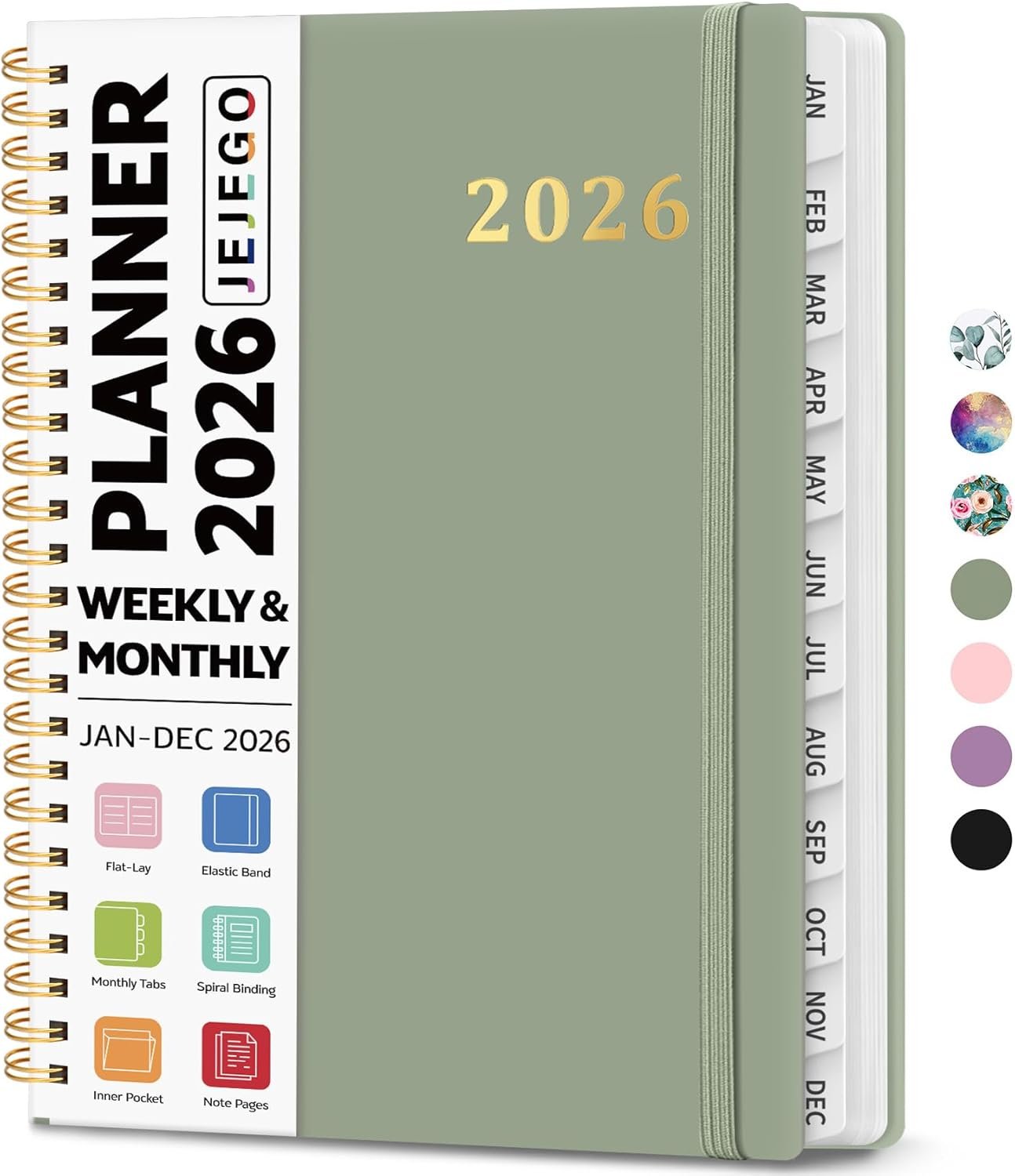 2026 Planner, Weekly and Monthly Calendar Planner Book, January 2026 – December 2026, Hardcover Spiral Planner with Monthly Tabs, Notes Pages, Perfect for Women & Men, A5 (6.4″ x 8.5″) – Green