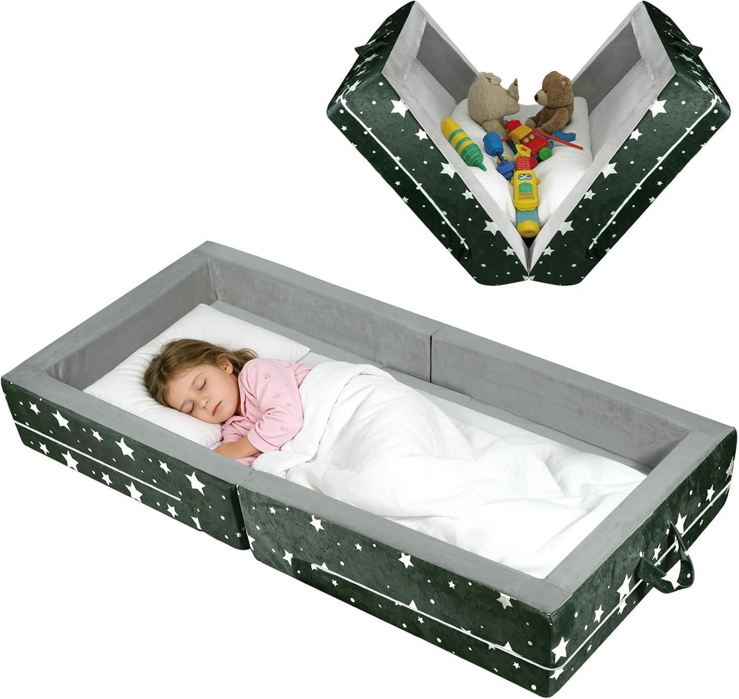 Portable Toddler Travel Bed – Foldable Floor Bed for Toddlers 3-6 with 3.54″ Soft Foam, 2-in-1 Travel Crib & Storage Box, Washable Cover, Grey | Easy Care