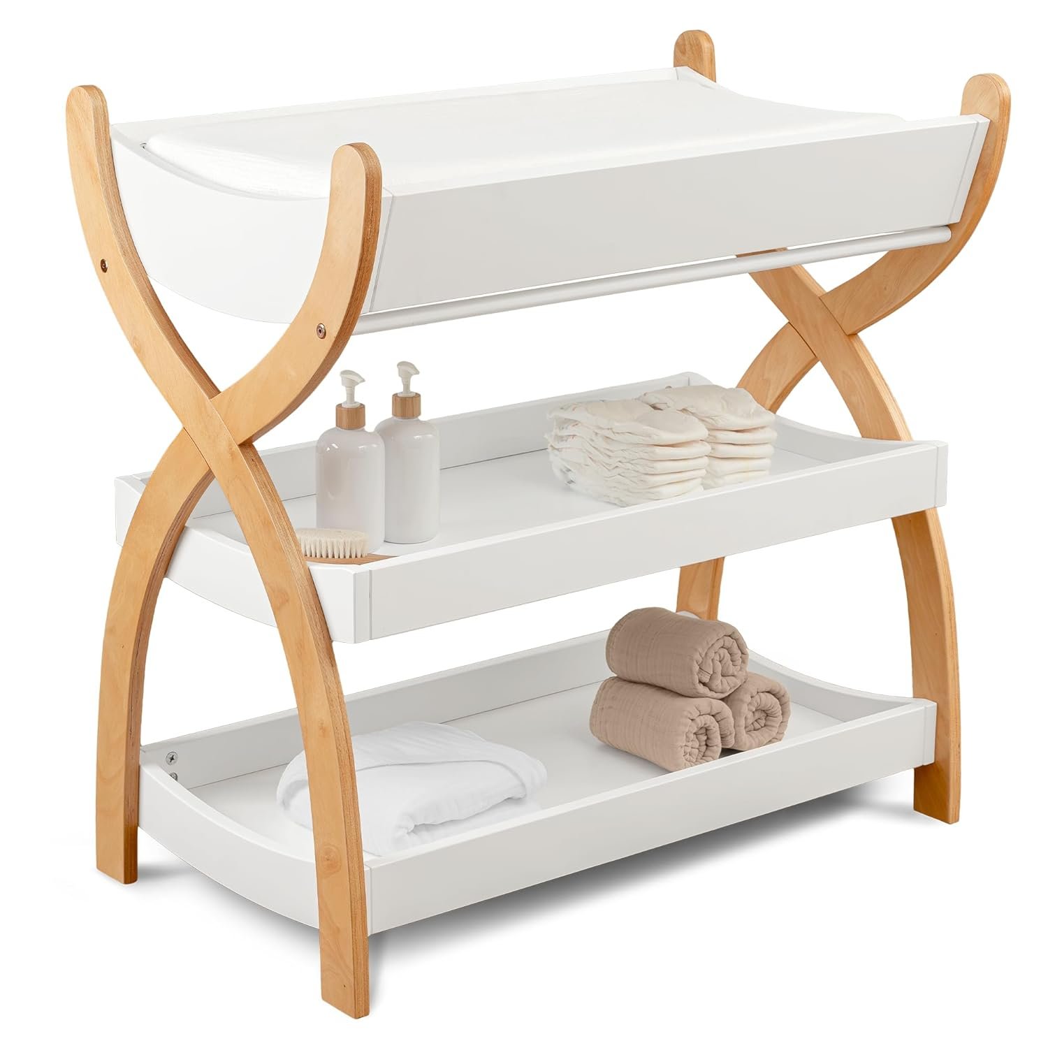 Comfy Cubs Baby Changing Table – Sturdy Wood Construction, Timeless Look Baby Change Table with Two Open Shelves for Infant Daycare Essentials Storage – White with Natural Wood Legs