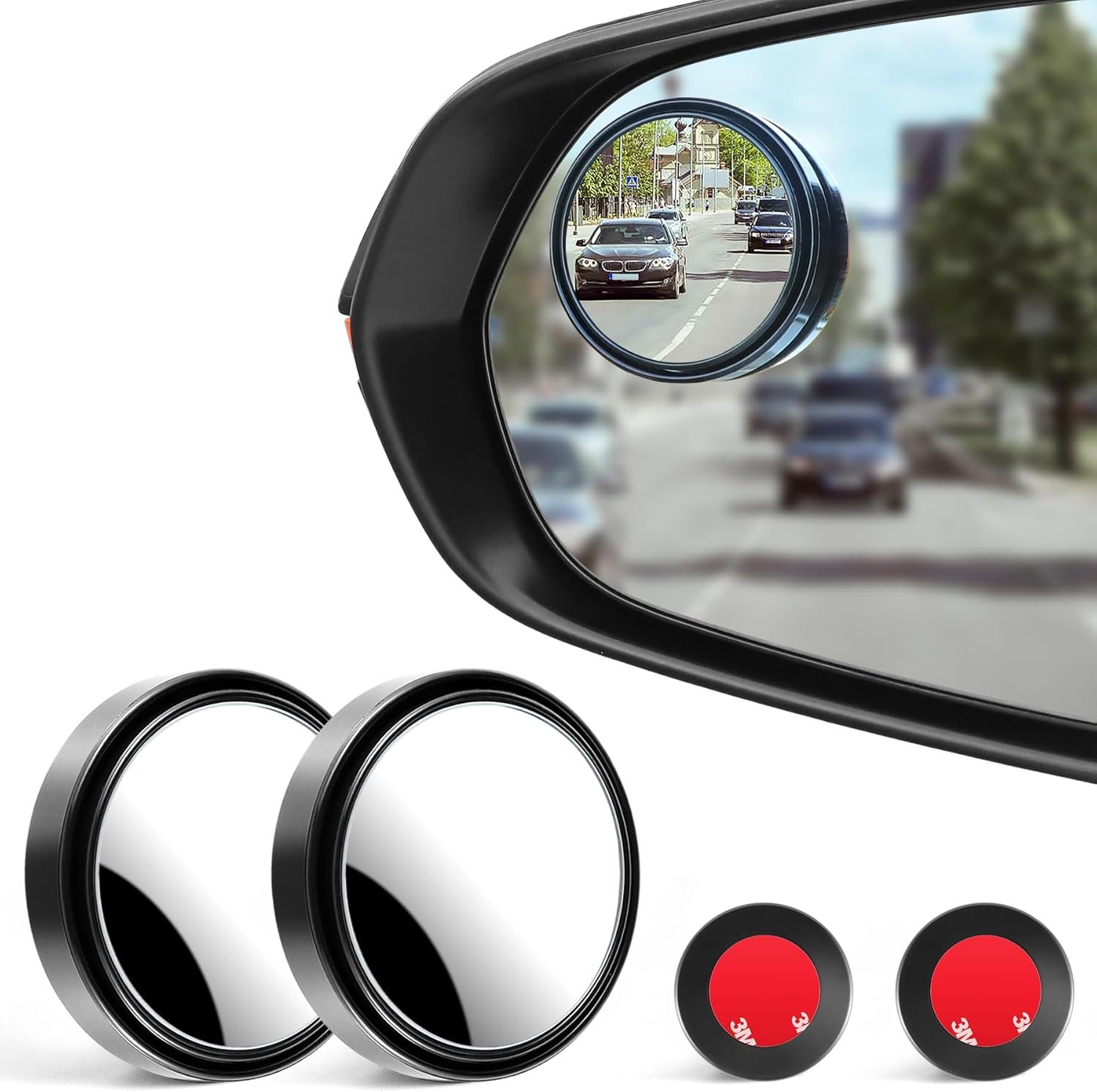 LivTee 2PCS Round Blind Spot Mirror, HD Glass and ABS Housing Convex Wide Angle Rearview Mirror with Adjustable Stick for Universal Car, Black