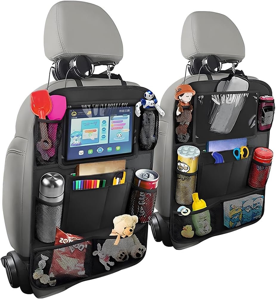 2PCS Car Seat Back Organizer, Waterproof Vehicle Storage Bag with Touch Screen Tablet Holder & 9 Pockets, Auto Kick Mats Back Seat Protector for Kids, Universal Travel Accessories (Black/Small)
