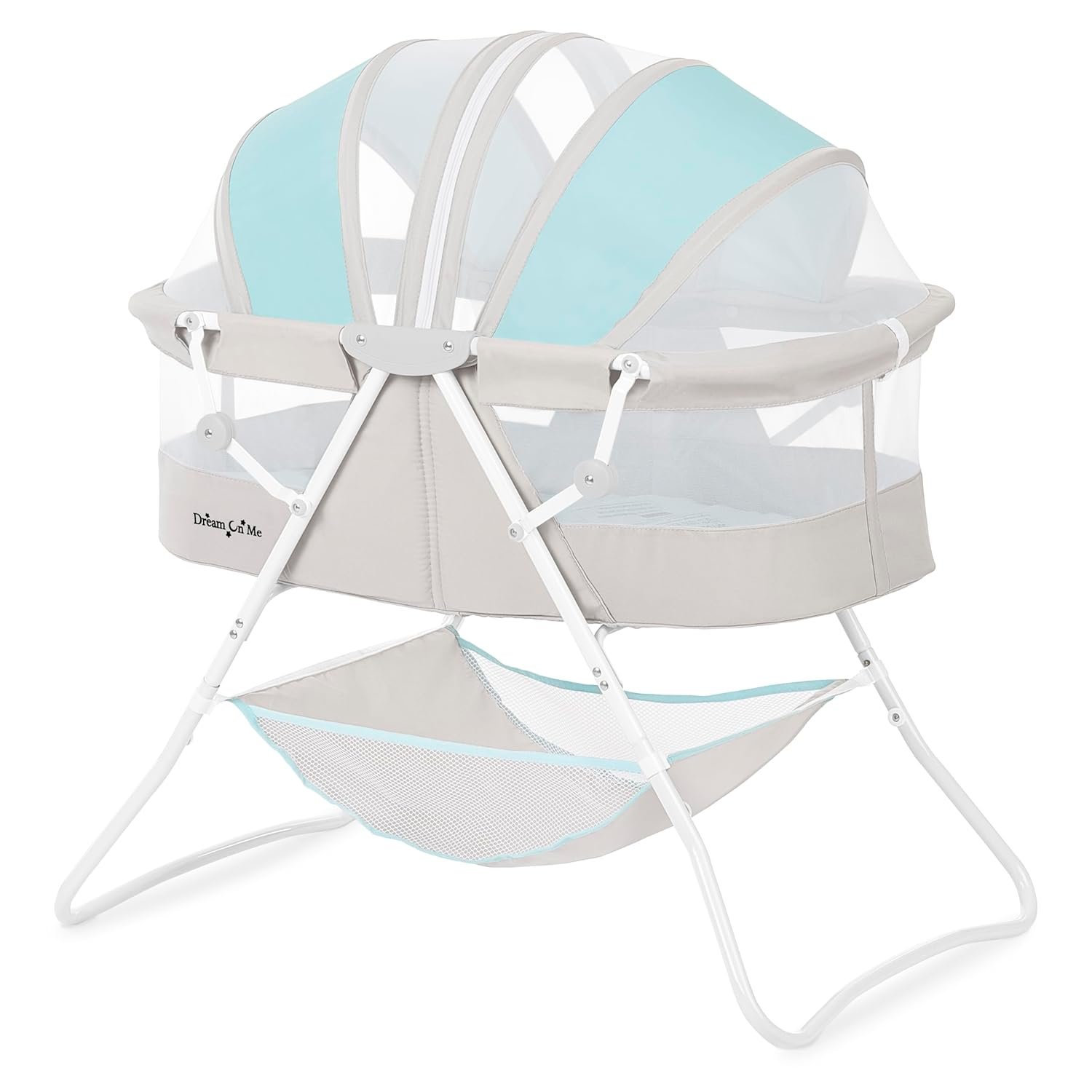 Dream On Me Karley Bassinet, Award Winner Lightweight Travel Baby Bassinet, Foldable Bedside Sleeper, Adjustable Double Canopy, Spacious Design, Soft Fabric, Storage Basket – Blue and Grey