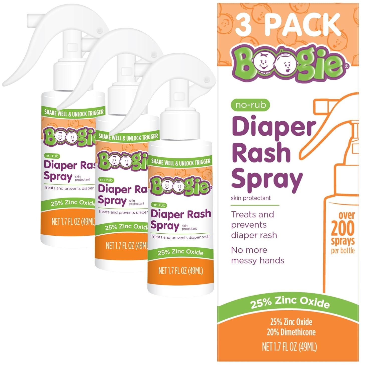 Boogie Diaper Rash Cream Spray for Baby, Travel Friendly No-Rub Touch Free Application for Sensitive Skin, Over 200 Sprays per Bottle, 1.7 oz (Pack of 3)