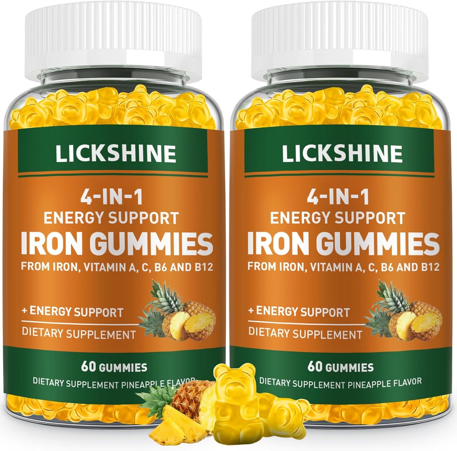 2 Pack Vegan 100MG Iron Supplement Gummies for Women & Men – with Vitamin C, A, B for Adults & Kids – Energy Support for Iron Deficiency, Anemia – Pineapple Flavor (120 Ct)