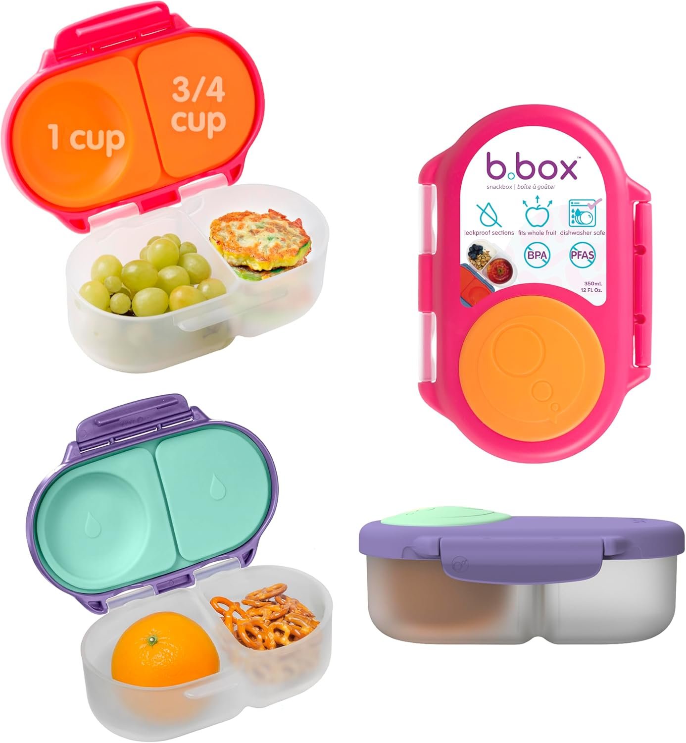 b.box Snack Box 2-Pack – Leak Proof Mini Bento Box for Kids & Toddlers, 2 Compartment Snack Containers for Kids, Dishwasher Safe, BPA-Free, PFAS-Free, Ages 4mo+, 1 3/4 Cup Each (Strawberry + Lilac)