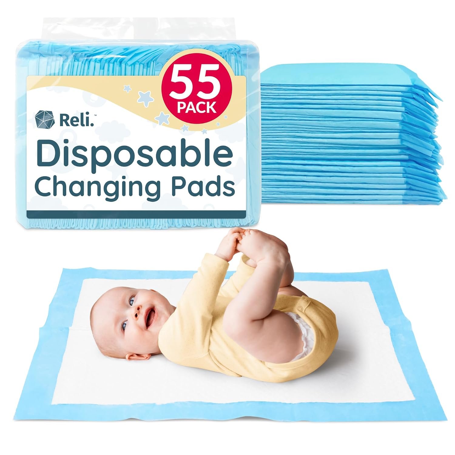 Reli. Disposable Changing Pads for Baby (55 Pack) | Disposable Diaper Changing Pads, 13″ x 18″ | Super Absorbent, Leak-Proof Liners | Waterproof, Quick Dry Underpads (Blue/White)
