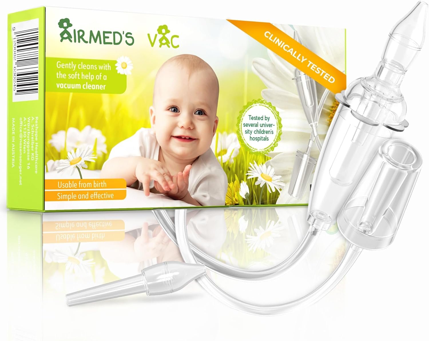 Airmed’s Vac Nasal Aspirator Baby. CLINICALLY Tested, Safe and Gentle. Baby Nose Sucker with 2 Suction Heads and Cleaning Brush. Safe and Gentle Baby Nasal Aspirator with Strength of a Vacuum Cleaner