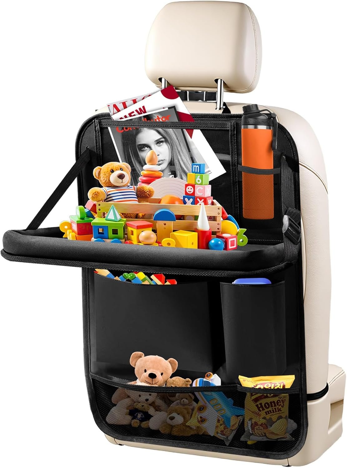 Car Backseat Organizer with Tablet Holder,6 Storage Pockets Car Storage Organizer with Foldable Food Tray,Kick Mats Backseat Protector Travel Accessories (Black)