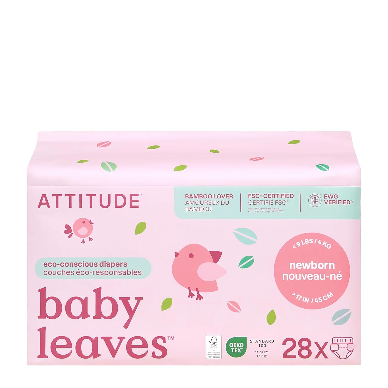 Attitude Eco-Conscious Disposable Diapers, EWG Verified, Size 1/Newborn (< 9 lbs), Ultra Absorbent for Baby, Vegan & Plant-Based, 28 Count
