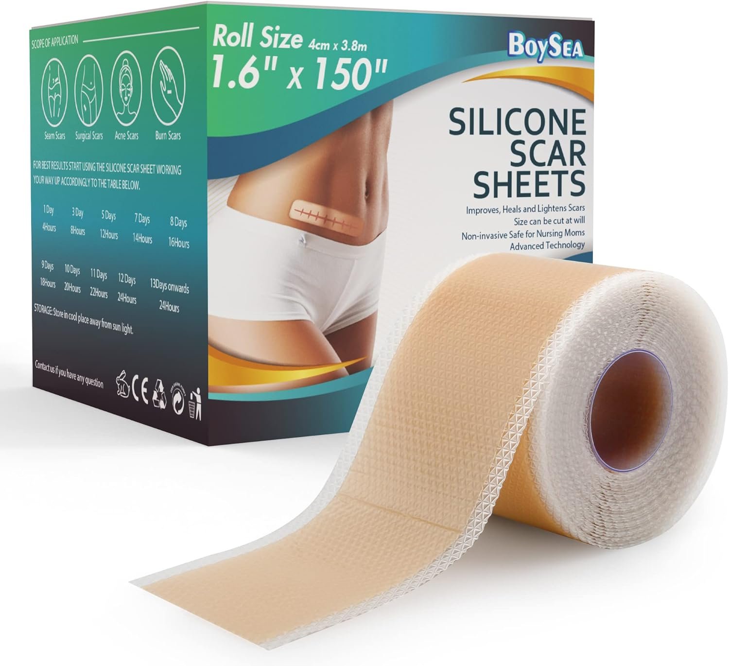 Professional Silicone Scar Sheets (1.6″ x 150″ Scar Roll-3.8M) – Scars Removal Treatment – Reusable Silicone Scar Tape Strips Type for Keloid, C-Section, Surgery, Burn, Acne et