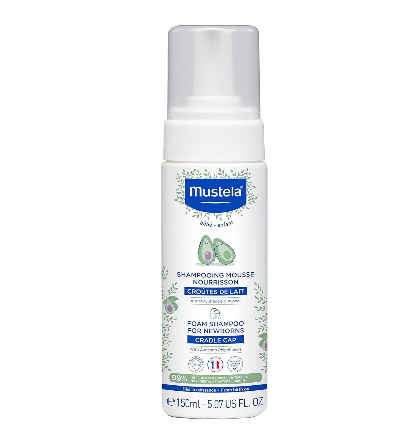Mustela Cradle Cap Foam Shampoo for Newborn – Baby Shampoo with Naturally derived Avocado Polyphenols – Tear-Free & Fragrance-Free – 5.07 fl. oz.