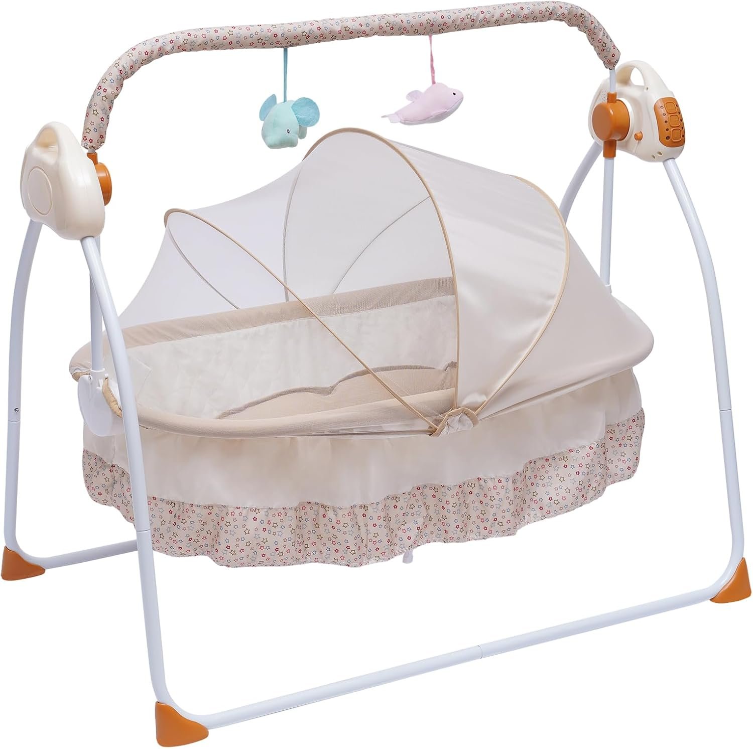 TFCFL Electric Baby Crib Cradle, 5-Speed Baby Bassinet Auto Rocking Chair Bed with Controller & Timer, Infant Musical Sleeping Basket for 0-18 Months Newborn Babies 55LBS Capacity (Khaki)