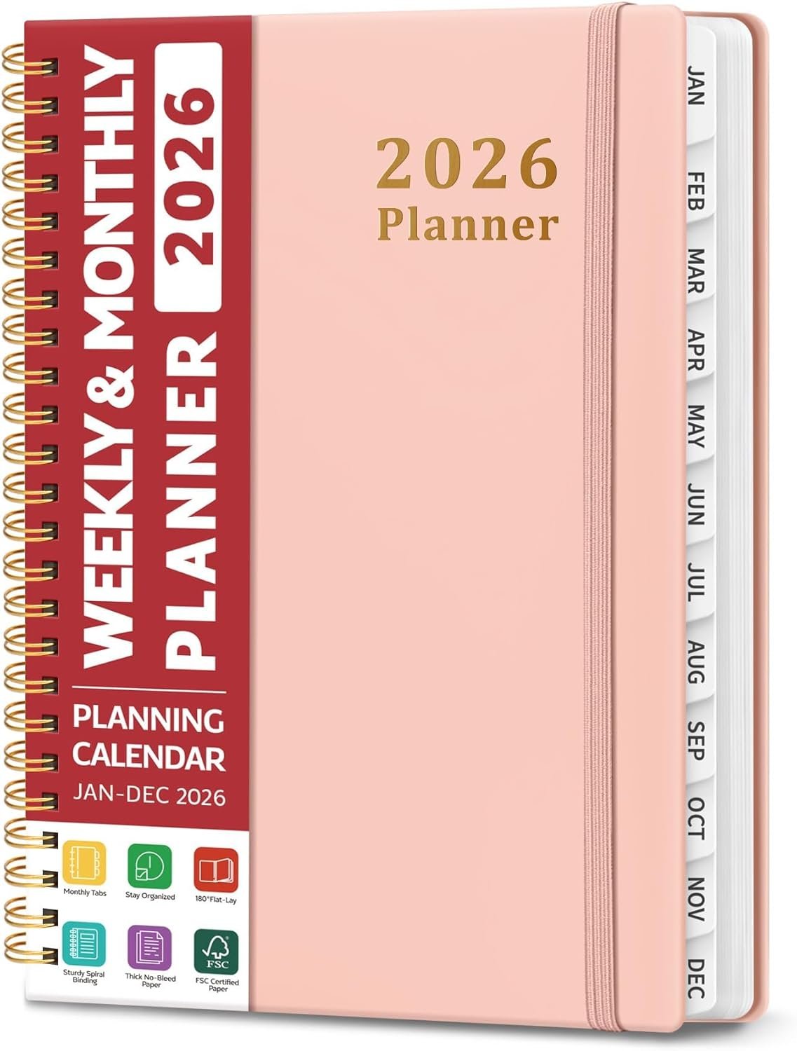 2026 Planner, Weekly and Monthly Calendar Planner, January 2026 – December 2026, Hardcover 2026 Calendar Book with Tabs For Women & Men, Inner Pocket, Spiral Bound, Perfect for Office Home School Supplies – A5 (6.3″ x 8.5″), Pink