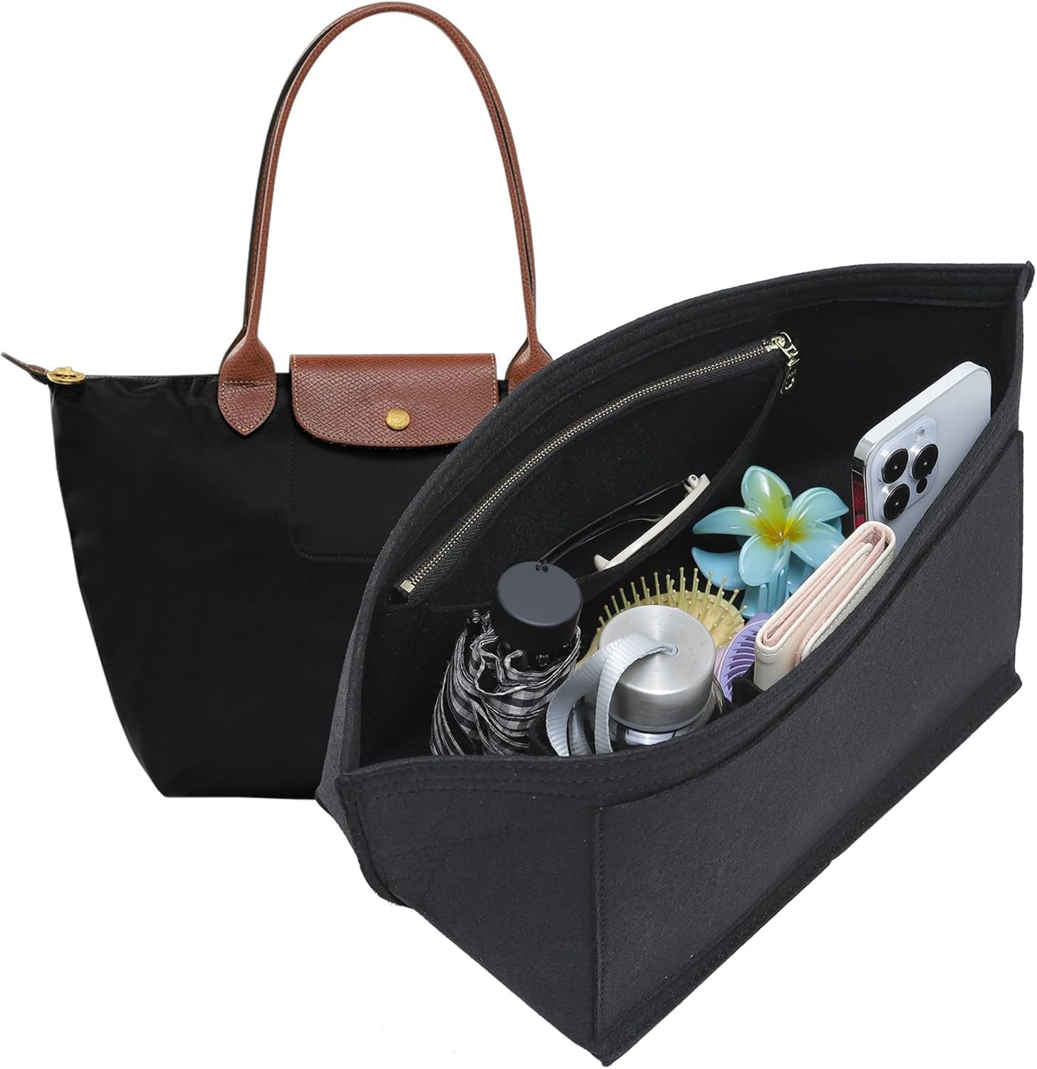 Doxo Longchamp Large Purse Organizer Insert, Bag Organizer with Cup Holder, Felt Zipper Long Champ Bag Organizer Insert Compatible with le pliage Tote Handbags and More (L,Black)