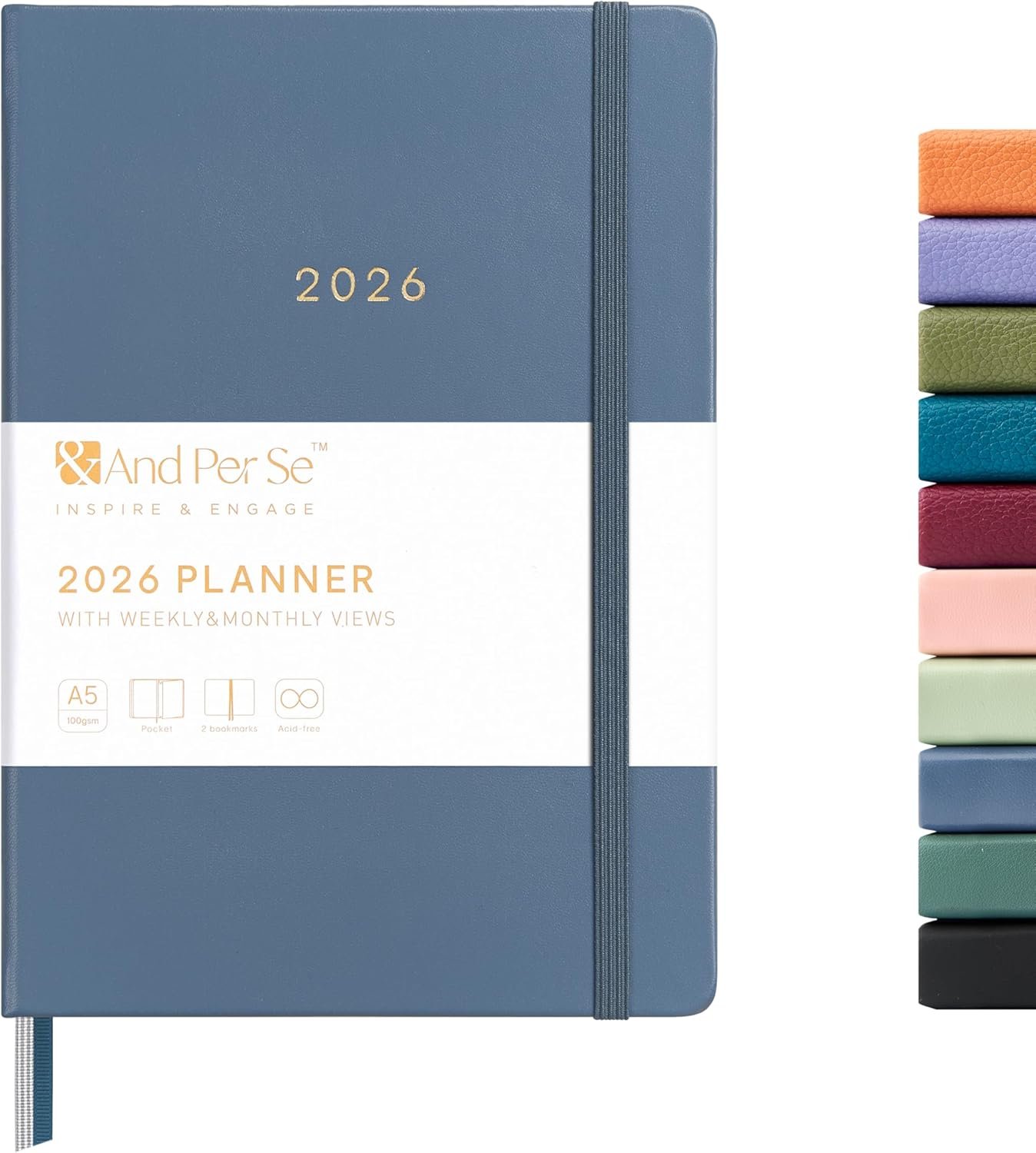 And Per Se 2026 Planner-Daily, Weekly & Monthly Leather Hardcover Planner, 5.7″ x 8″, Daily Schedule, 100 GSM Thick Paper, Back Pocket(Dark Blue)