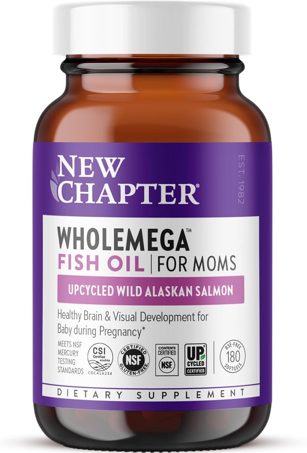 New Chapter Wholemega for Moms Fish Oil Supplement, Tiny Capsules, 2000mg per Serving, Prenatal DHA with Omega-3 + Vitamin D3 for Prenatal & Postnatal Support, 500mg Each – 180 Count
