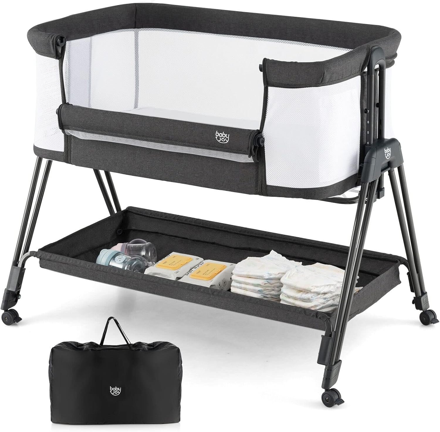BABY JOY Bassinet Bedside Sleeper, Easy Folding Crib w/All-Side Mesh, Storage Shelf, 7 Adjustable Heights, Mattress & Travel Bag for Safe Co-Sleeping, Portable Bed for Newborn Infant -Black