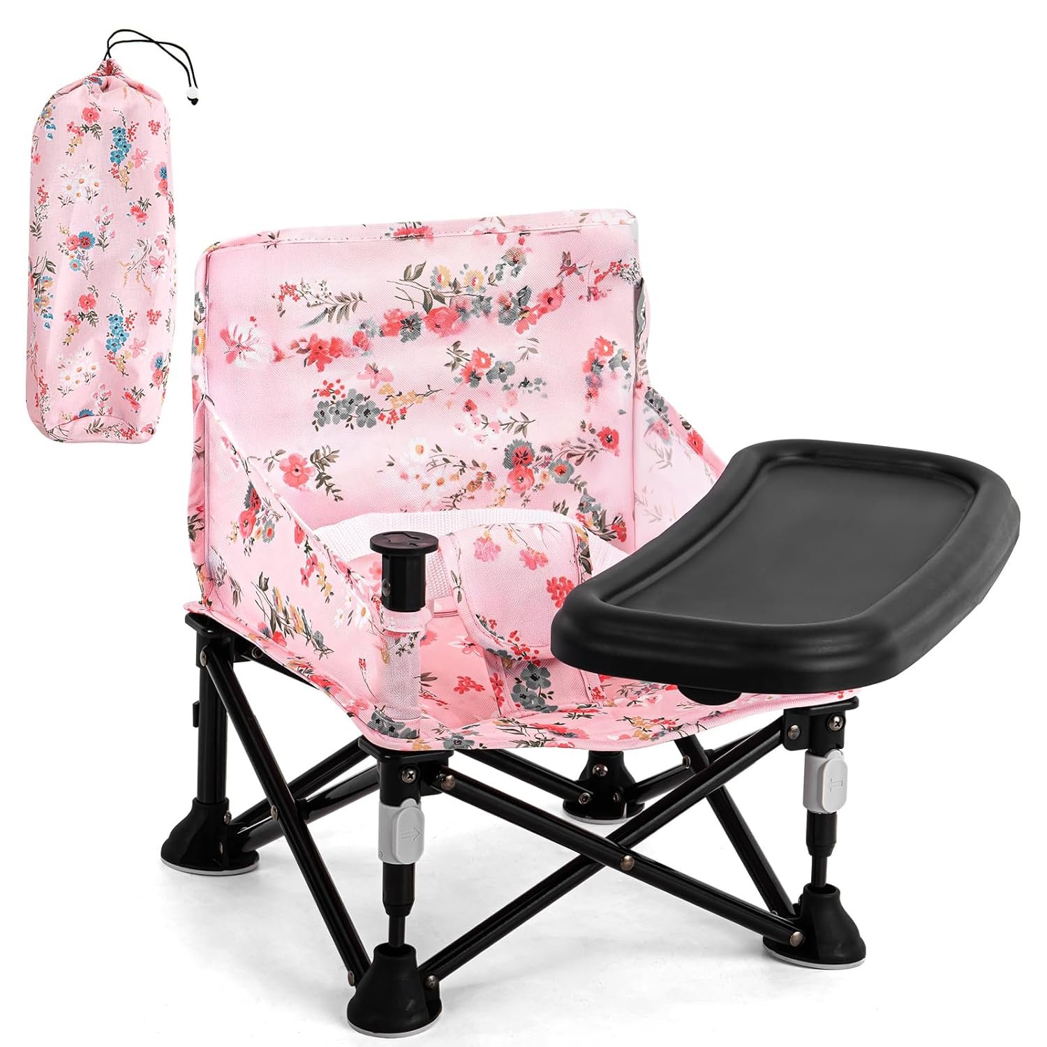 Booster Seat for Kitchen Chair with Removable Tray, Portable Foldable Baby Chair for Babies 6-36 Months, Indoor Outdoor Toddler Camping Chair (Pink Floral Design)