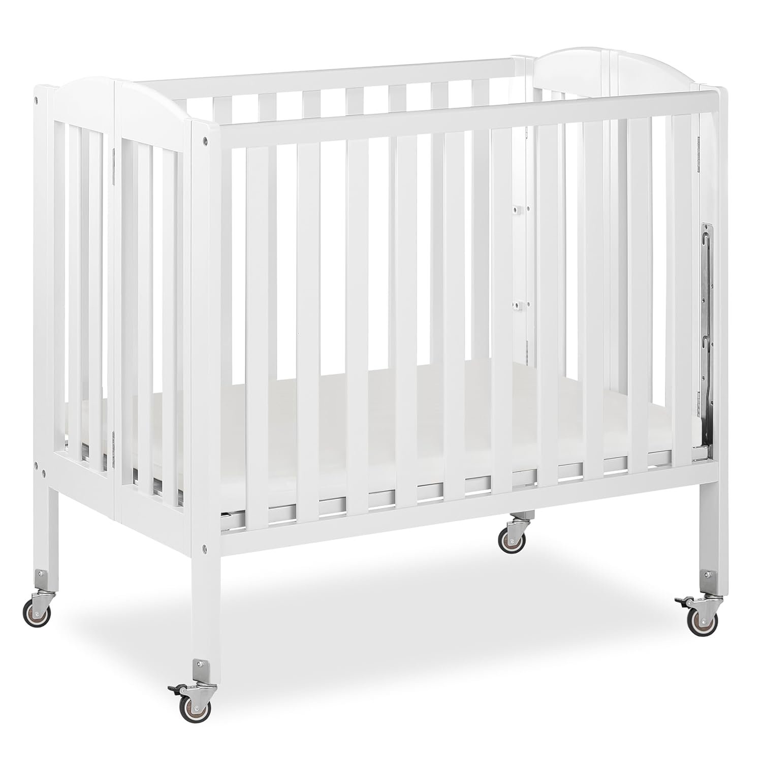 Dream On Me 3-in-1 Portable Folding Stationary Side Mini Baby Crib in White & Mattress, GreenGuard Gold & JPMA, Use as Changer & Playpen, Locking Wheels, 3 Mattress Heights, Extra Firm Mattress