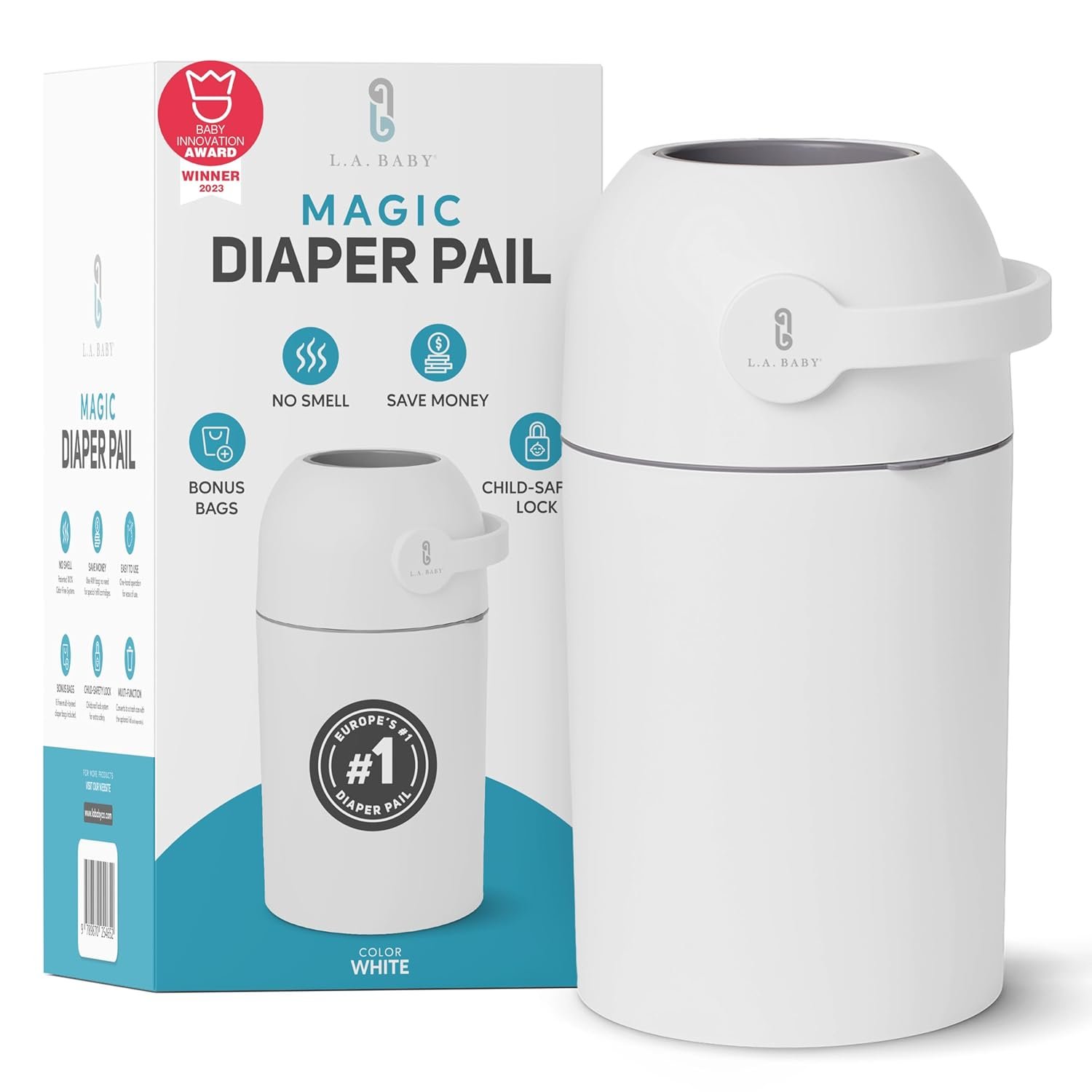 L.A. BABY Magic Diaper Pail – Patented 100% Odor-Free System with Child-Safe Lock – Award-Winning Design – No Refills Required – Works with Regular Trash Bags – White