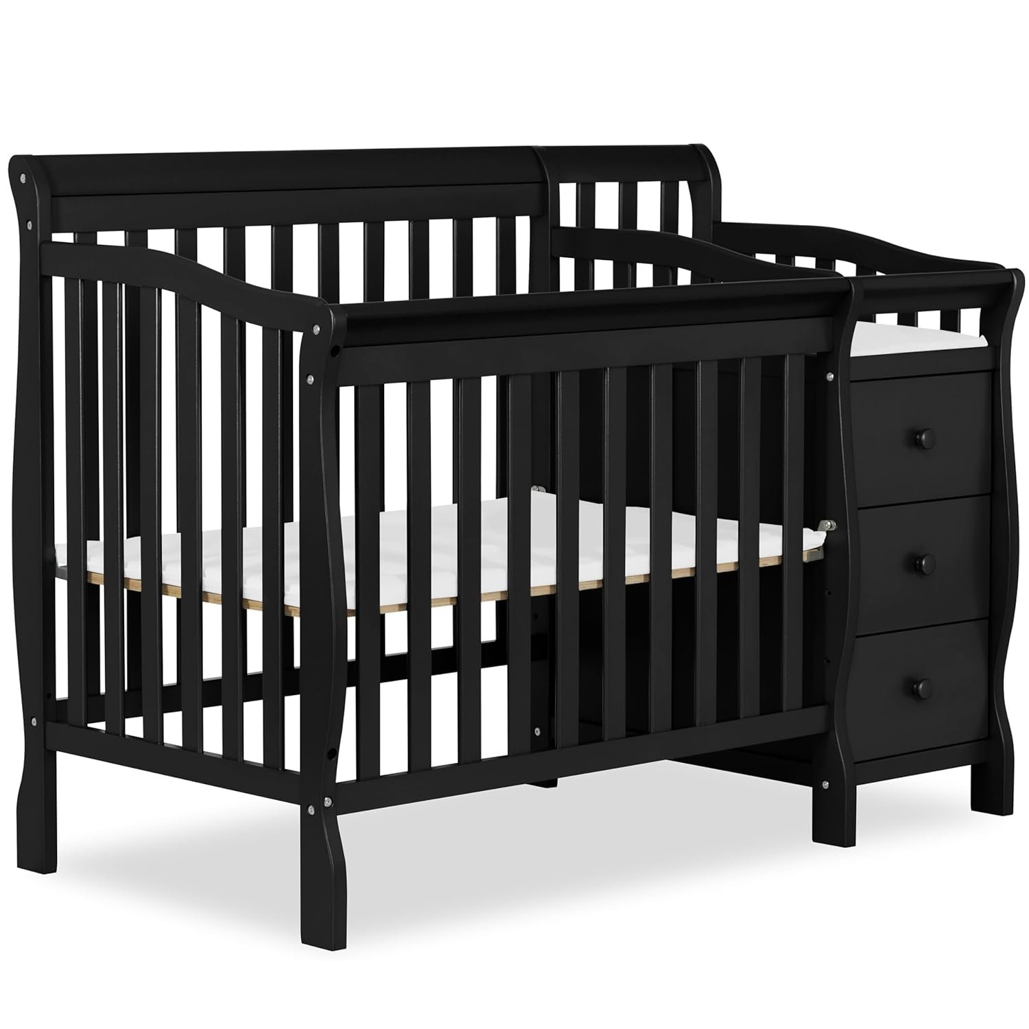 Dream On Me Jayden 4‑in‑1 Mini Convertible Baby Crib & Changer with Storage in Black, Pinewood, GreenGuard Gold & BSA, 1” Mattress Pad, 3 Mattress Heights, Converts to Mini Day & Twin-Size Bed
