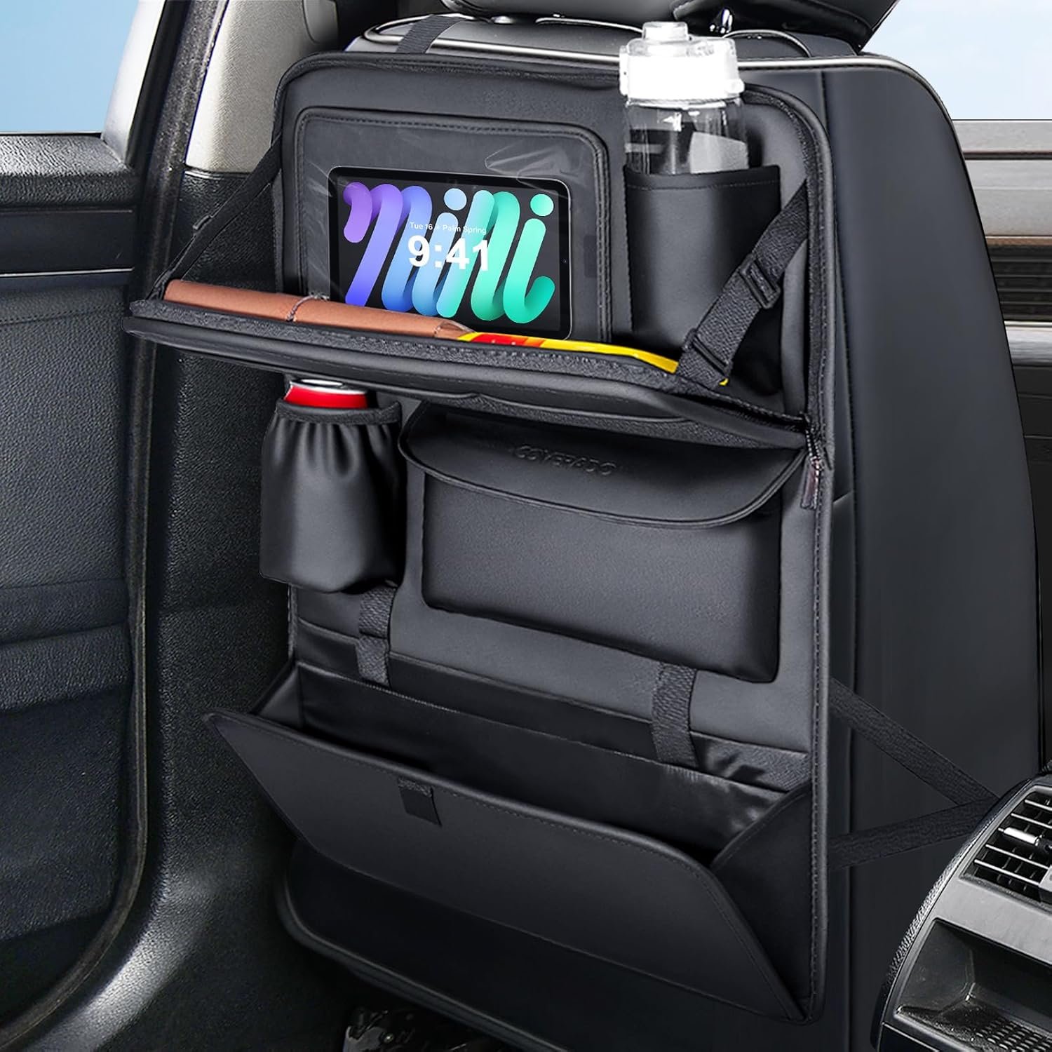 Coverado Backseat Car Organizer, Nappa Leather Car Seat Organizer with Touch Screen Tablet Holder, Foldable Food Tray, Kick Mats Protector, Multi Car Storage Accessories, Garbage Bag Holder-1 Pack