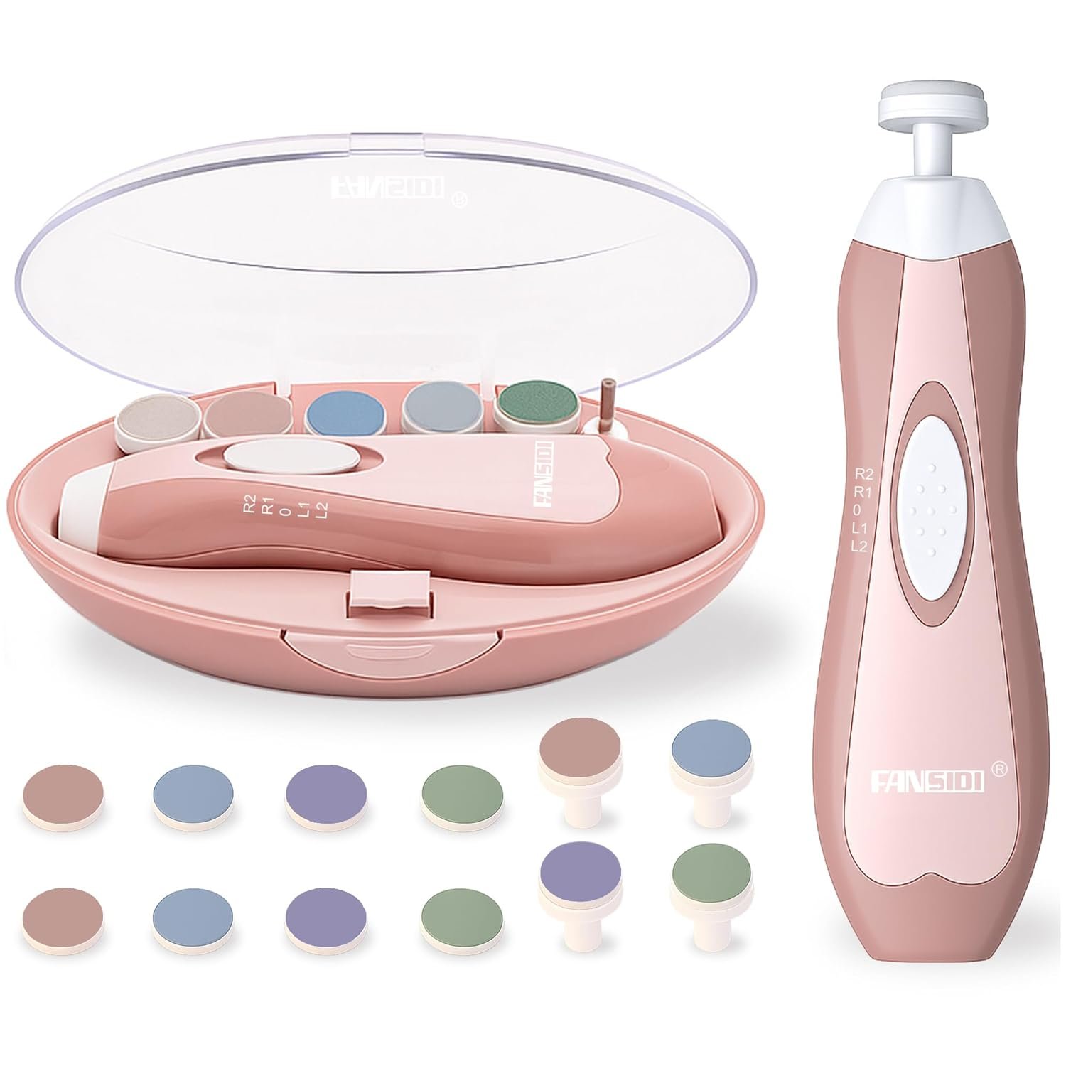 Fansidi Upgraded Baby Nail File | Easy & Safe Baby Nail Trimmer, Precise 4-Stage Electric Nail Clipper for Newborn to Toddler Girl, with Soft LED Light & 18 Grinding Heads, Perfect Baby Shower Gift