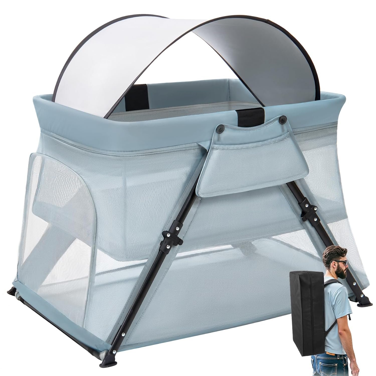 Lilian&Gema 2-in-1 Travel Crib, Portable & Foldable Crib with Backpack, Lightweight Baby Travel Playpen with Thick Mattress for Babies & Toddlers, Baby Travel Essential