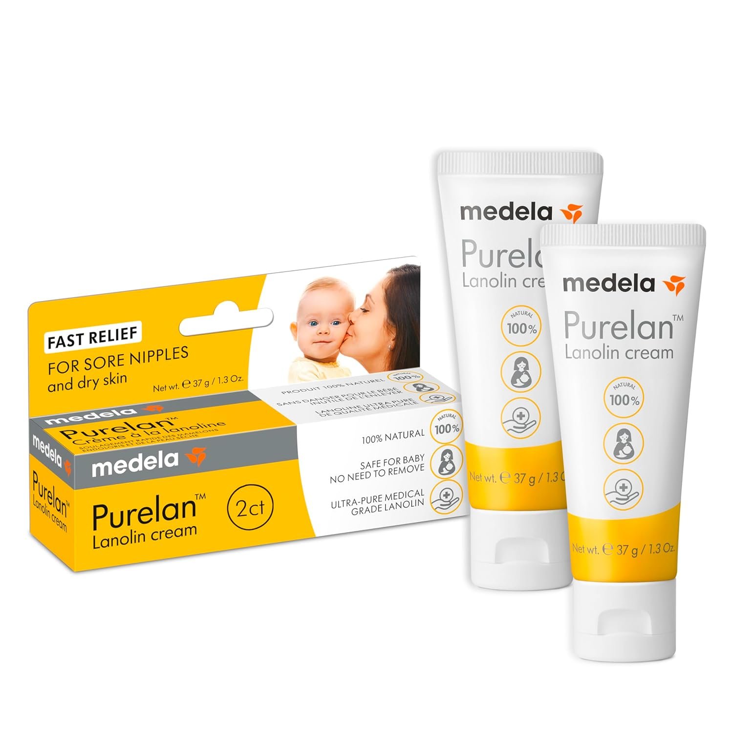 Medela Purelan Lanolin Nipple Cream, Fast Relief for Sore Nipples & Dry Skin During Breastfeeding, Safe for Breastfeeding Baby, Natural, Hypoallergenic, Fragrance-Free, 1.3 Ounces, 2 Pack