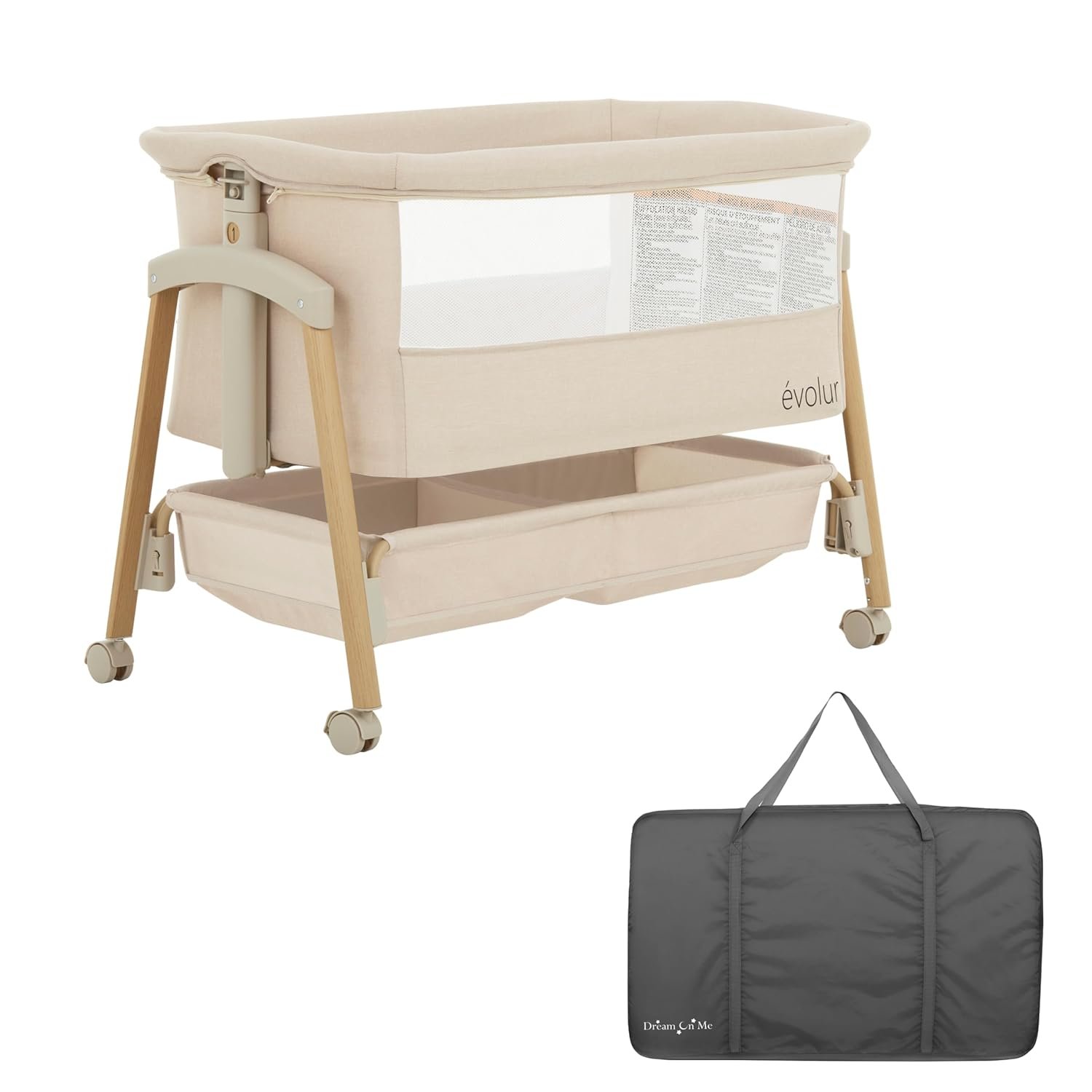 Evolur Lullaby Portable Bassinet with Wheels, Adjustable Bedside Sleeper, Breathable Mesh Sides, Large Storage Basket, Easy Fold, and Travel Bag Included, Perfect for Newborns & Infants – Biege