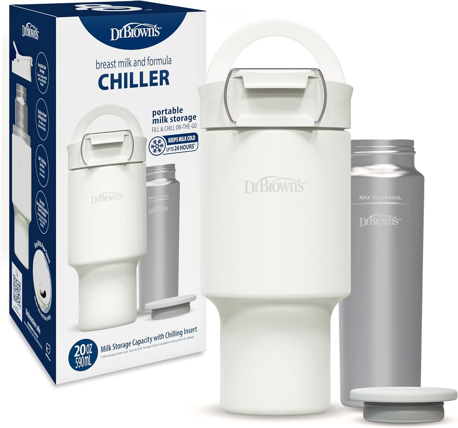 Dr. Brown’s Breast Milk & Formula Chiller, Portable Insulated Storage for Breast Pumping and Bottle Feeding, 20 oz/590 mL Capacity, Arctic White, BPA-Free