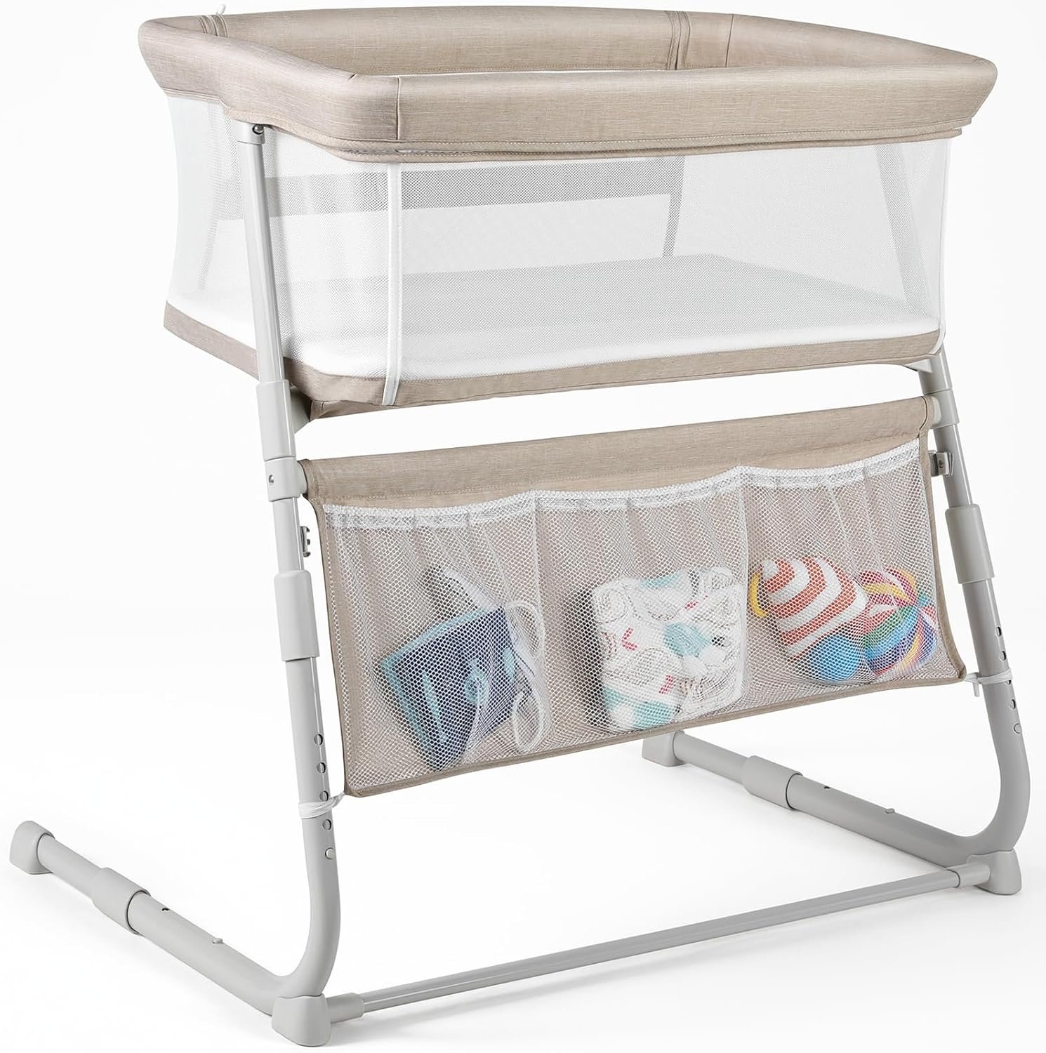 Cowiewie Bassinet Bedside Sleeper,Baby Bassinet Slides Over Bed,5-Position Height Adjustment & Breathable All-Mesh Wall Bedside Bassinet for Baby,Space-Saving Bedside Crib, Height(37.4-41.3″), Beige