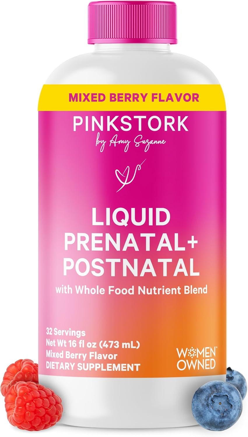 Pink Stork Liquid Prenatal Vitamins for Women – Berry Flavor Organic Food Blend – Fertility, Pregnancy, Postpartum Essentials – Morning Sickness Support – Breastfeeding & Lactation – 32 Servings