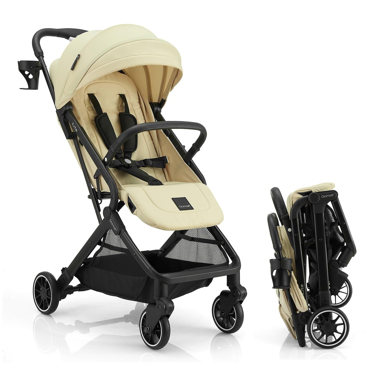 Compact Fold Baby Stroller, Lightweight Travel Toddler Stroller with One-Click Fold, Extendable UPF50+ Canopy, Cup Holder, UV Protected and Waterproof, One-Hand Folding – Beige