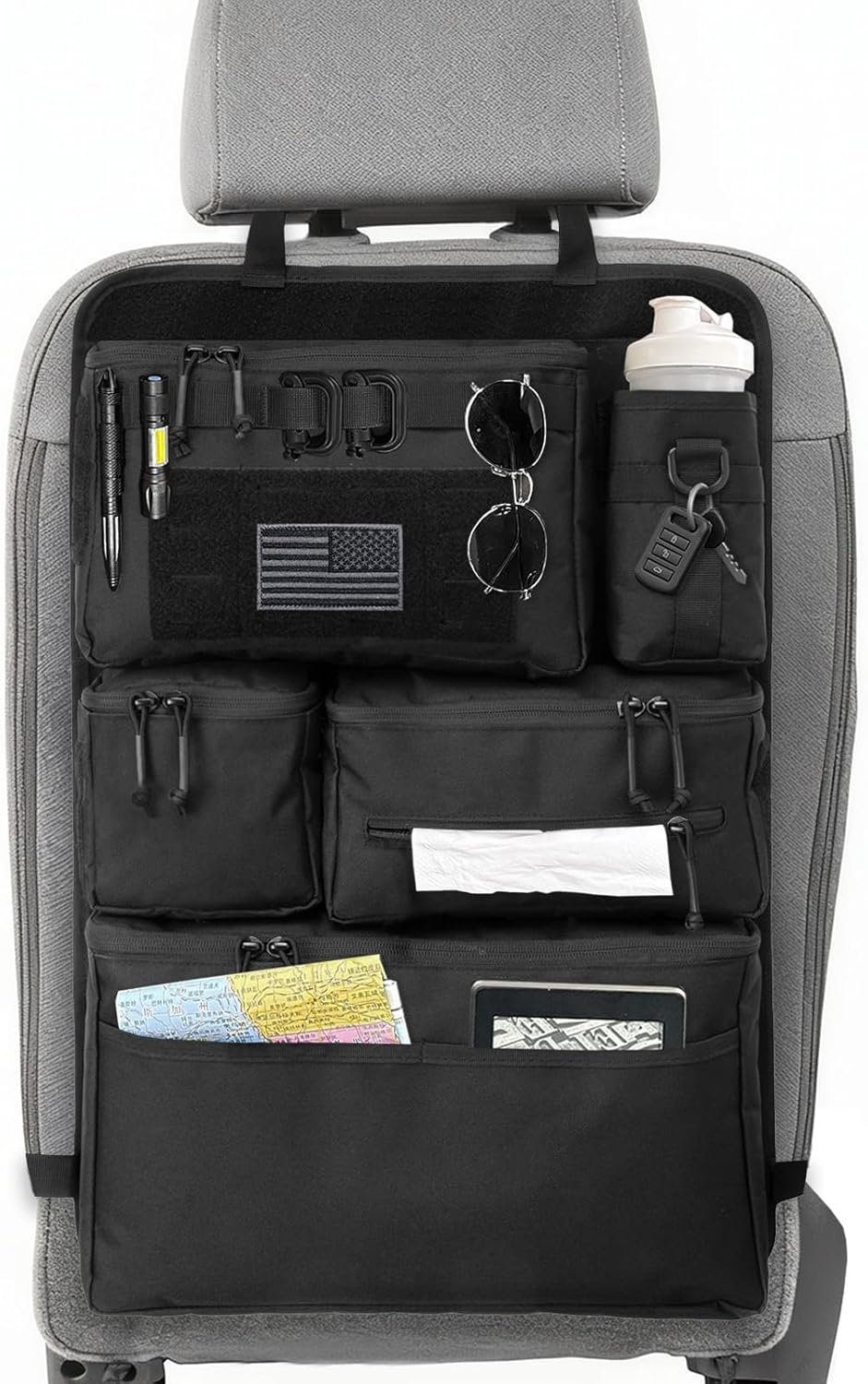 Tactical Seat Back Organizer – Heavy Duty MOLLE Panel Organizer with Multiple Pockets & Hook Loop Panel for EDC Gear, Road Trip Essentials, Universal Fit for Car SUV Truck Jeep Ford(Black)​