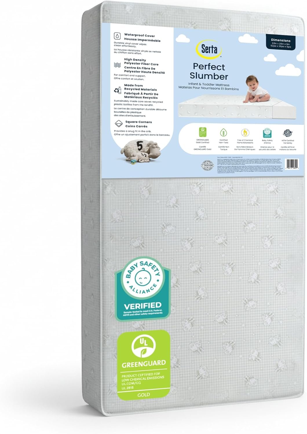 Serta Perfect Slumber Dual Sided Crib and Toddler Mattress – Waterproof – Hypoallergenic – Premium Sustainably Sourced Fiber Core -GREENGUARD Gold Certified (Non-Toxic) -7 Year Warranty – Made in USA