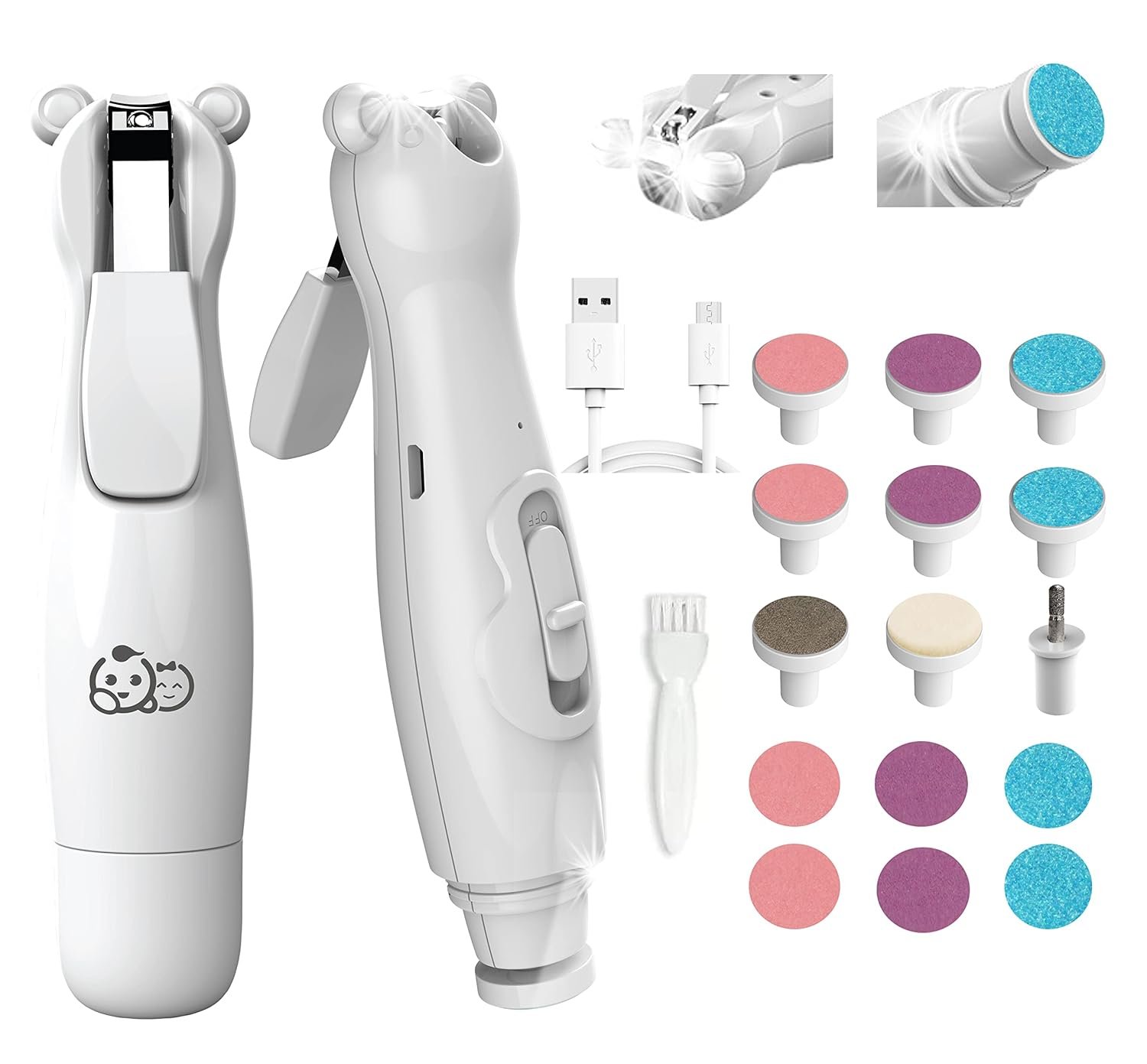 Royal Angels Rechargeable Dual Sided 20 in 1 Baby Nail Trimmer & Clipper, 15 Filing Pads, Whisper Quiet Electric File with LED Lights for Newborns & Toddlers, Safe Manicure Set for Families (Snow)