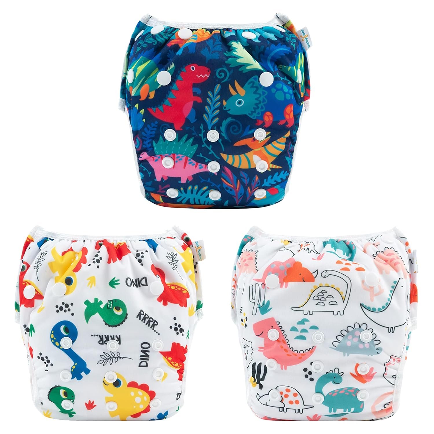 Babygoal Swim Diapers 3 Pack for 8M-3T Babies and Toddlers, Reusable Adjustable Washable for Baby Girl and Boy Swimming Lessons-Dinosaurs