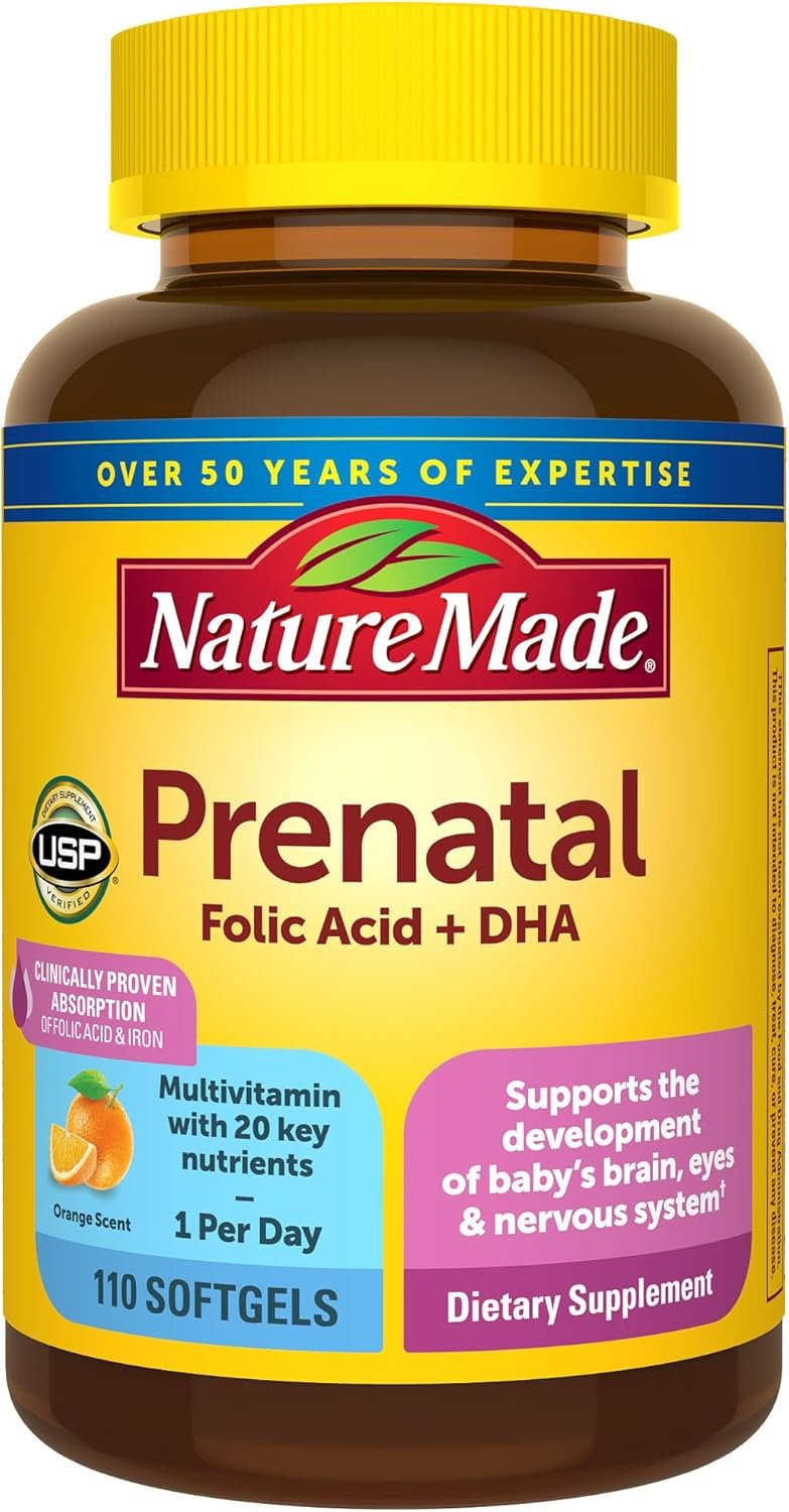 Nature Made Prenatal Vitamins for Women with Folic Acid + DHA, Prenatal Vitamin and Mineral Supplement for Daily Nutritional Support, 110 Softgels, 110 Day Supply