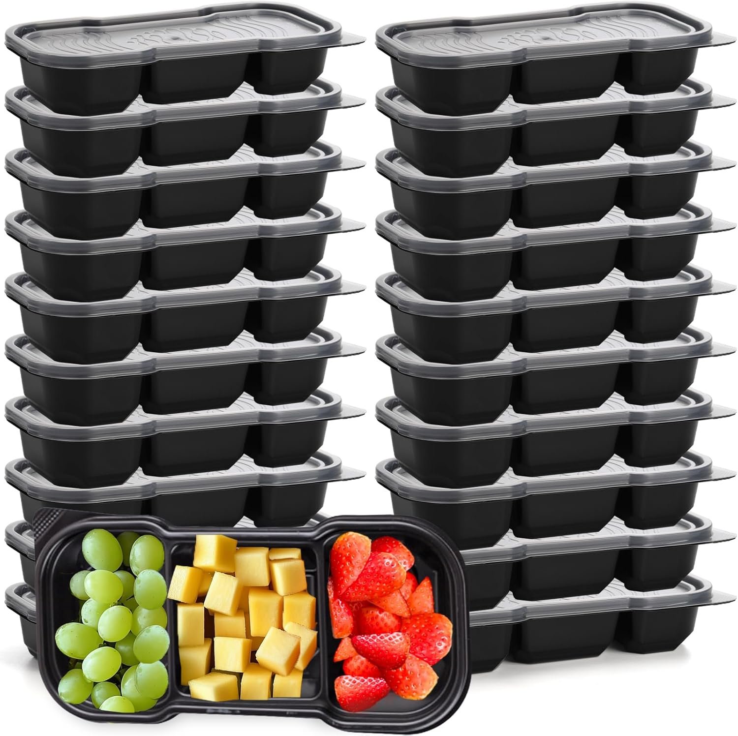 Hiceeden 50 Pack 16 Oz Small Meal Prep Containers with 3 Compartments, Disposable Plastic Bento Snack Boxes with Lid, Stackable Food Containers Reusable Travel Lunch Boxes for Office, School, Black