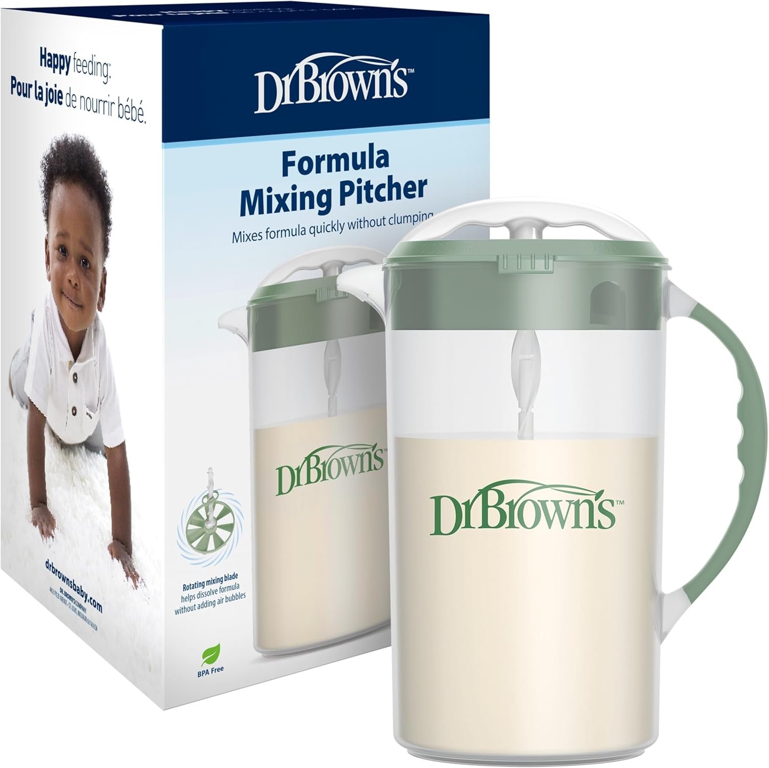 Dr. Brown’s Baby Formula Mixing Pitcher with Adjustable Stopper, Locking Lid, & No Drip Spout, 32oz, BPA Free, Olive