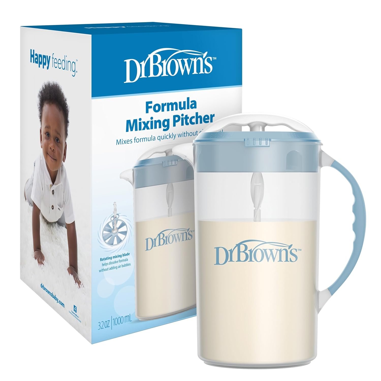 Dr. Brown’s Baby Formula Mixing Pitcher with Adjustable Stopper, Locking Lid, and No Drip Spout, 36 oz, BPA-Free, Blue, 1-Pack