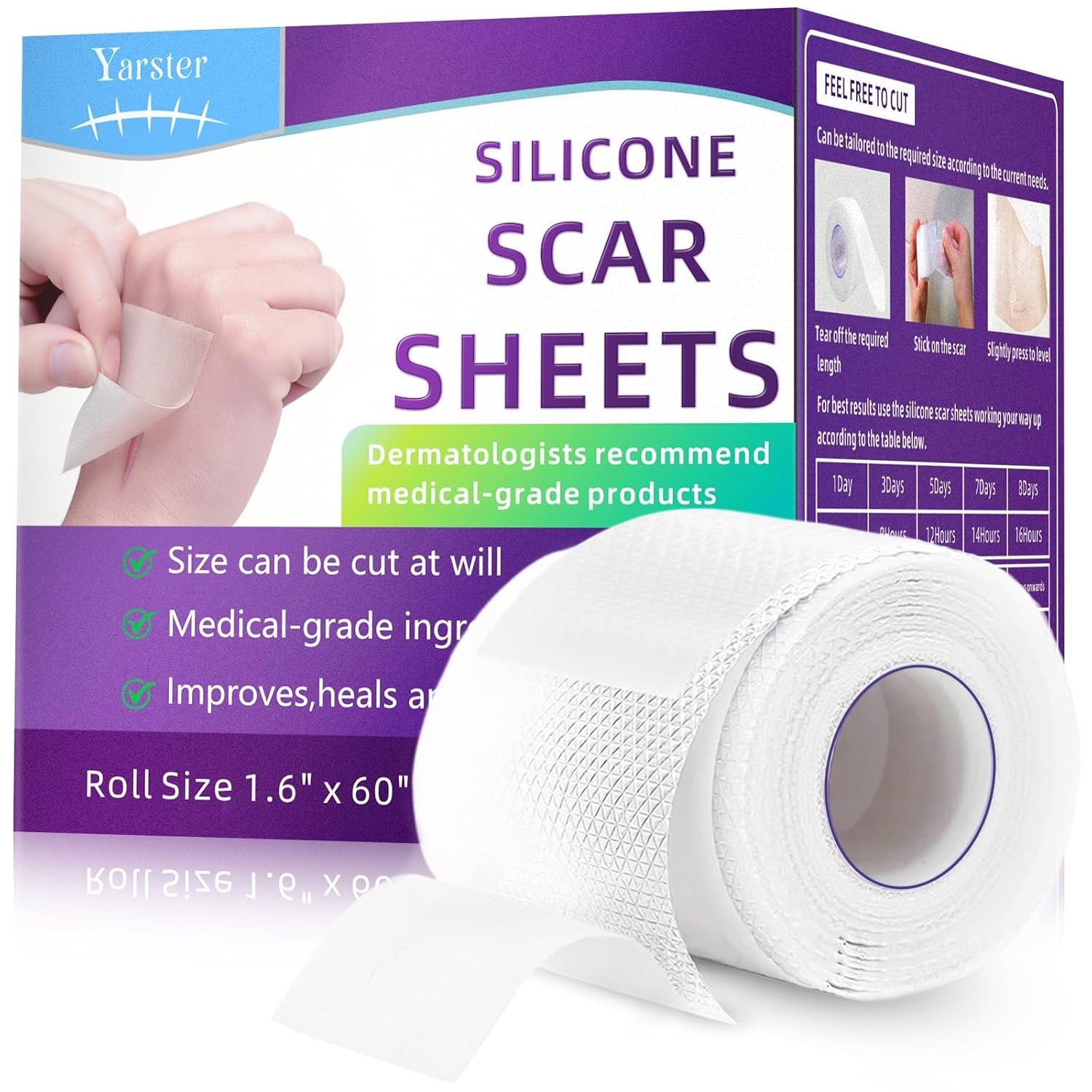 Silicone Scar Sheets, Silicone Scar Tape(1.6″x 60″ Roll-1.5M), Medical Grade Scar Sheets, Scar Tape for Surgical Scars, Burn, C-Section, Keloid Scars, Acne Treatment, Stretch Marks Removal