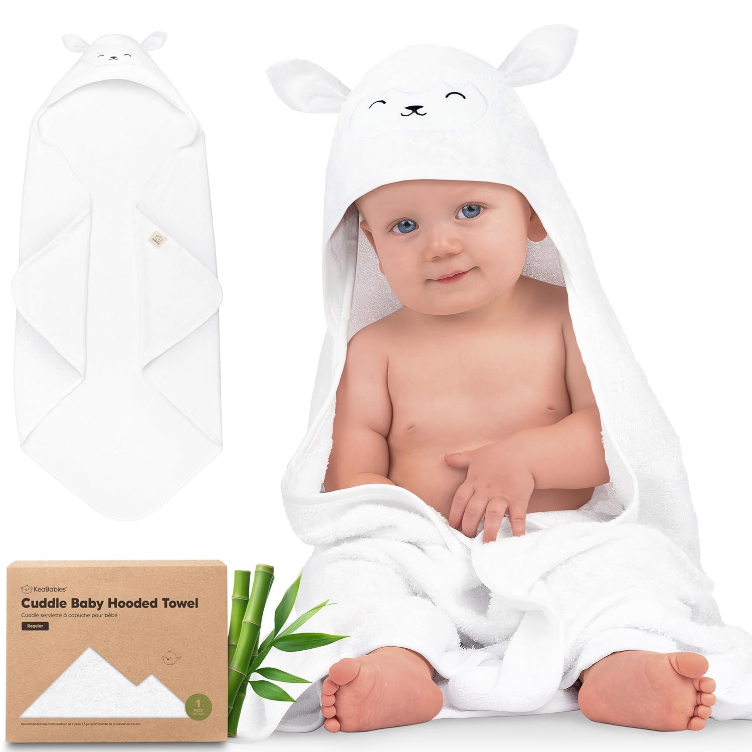 KeaBabies Hooded Baby Towel for Newborn – Viscose Derived from Bamboo Large Baby Bath Towels with Hood for Boys, Girls, Toddler, Extra Absorbent & Soft Newborn Bath Essentials (Lamb, Regular)
