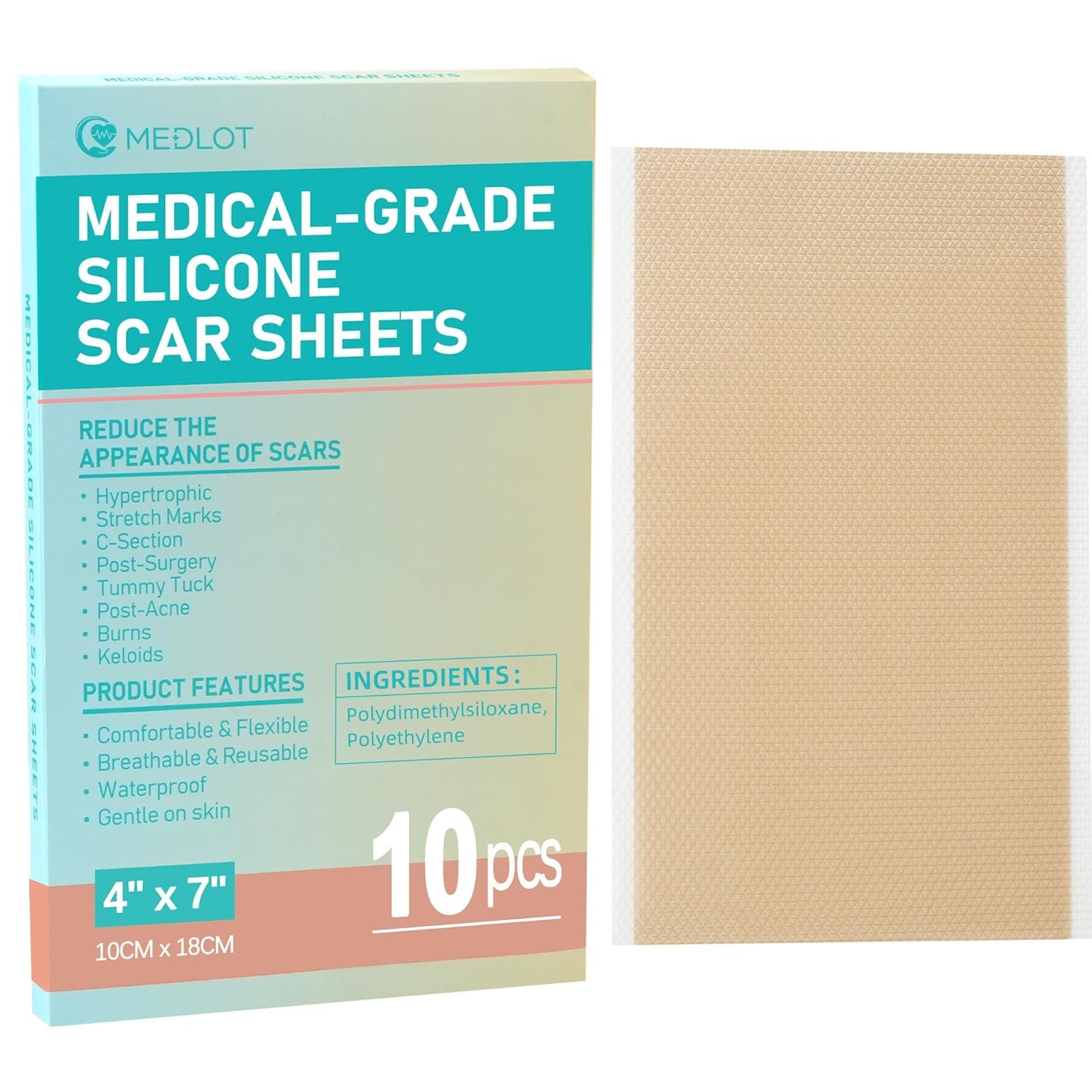 Silicone Scar Sheets, Large 10Pcs 4” x 7” Each, Medical Silicone Tape for Scar Treatment, Scar Patches for C-Section, Keloid Bump, Stretch Marks, Burn, Acne, Surgical Scar Removal
