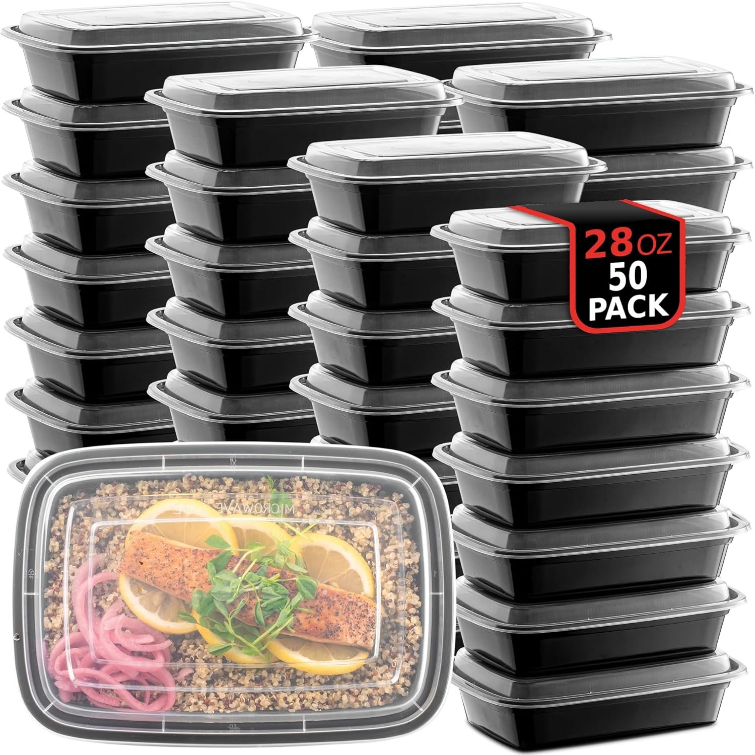 50-Pack Reusable Meal Prep Containers Microwave Safe Food Storage Containers with Lids, 28 oz – 1 Compartment Take Out Disposable Plastic Bento Lunch Box To Go, BPA Free – Dishwasher & Freezer Safe
