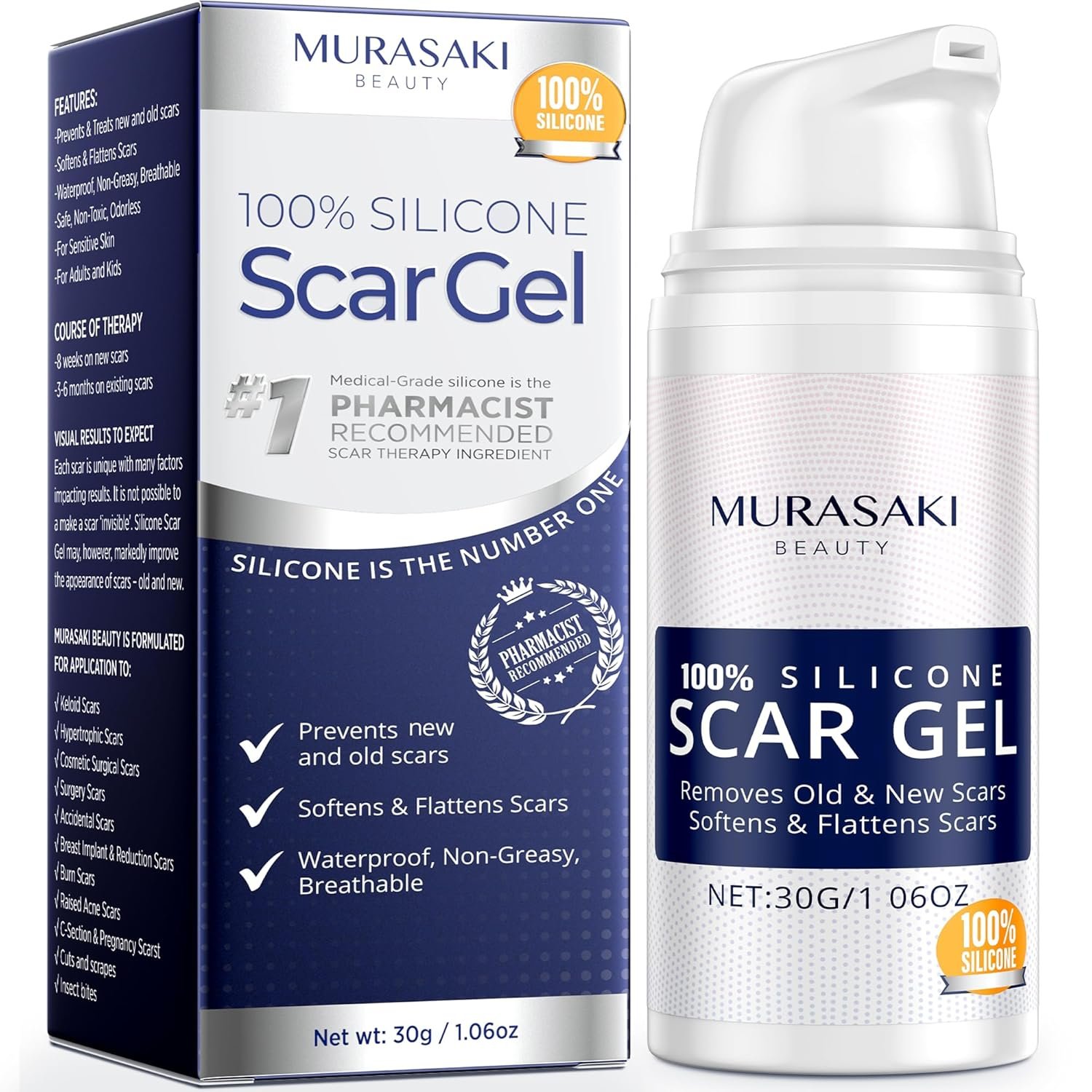 100% Silicone Scar Gel Scar Cream – Advanced Scar Gel for Surgical Scars, C-Section, Stretch Marks, Acne, Injury, Burns, Keloids, Old and New Scars 1.06oz(30g) (Maximum Strength 100% Silicone)