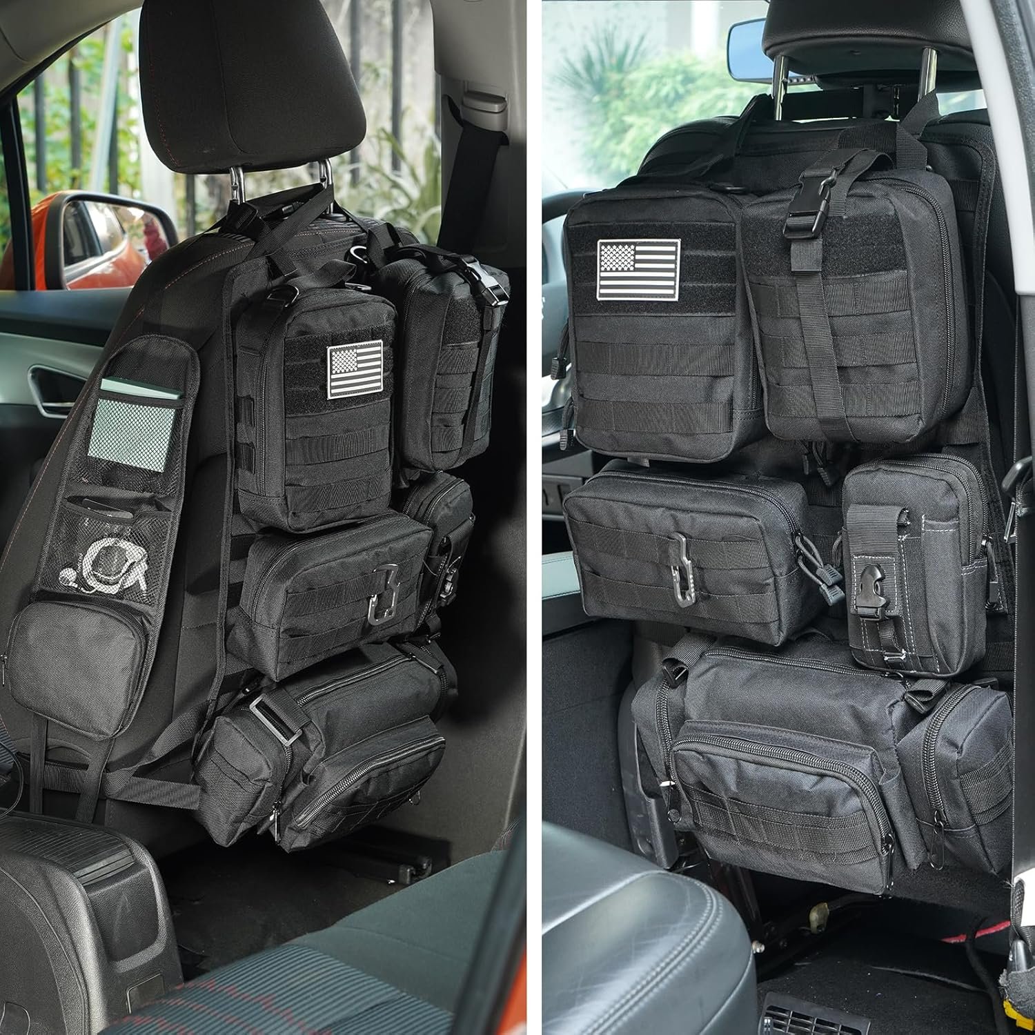 Tactical Car Seat Back Organizer,Tactical Molle Seat Back Organizer with 6 Detachable Molle Pouch,Universal Fits for Car Truck Jeep Vehicle Black