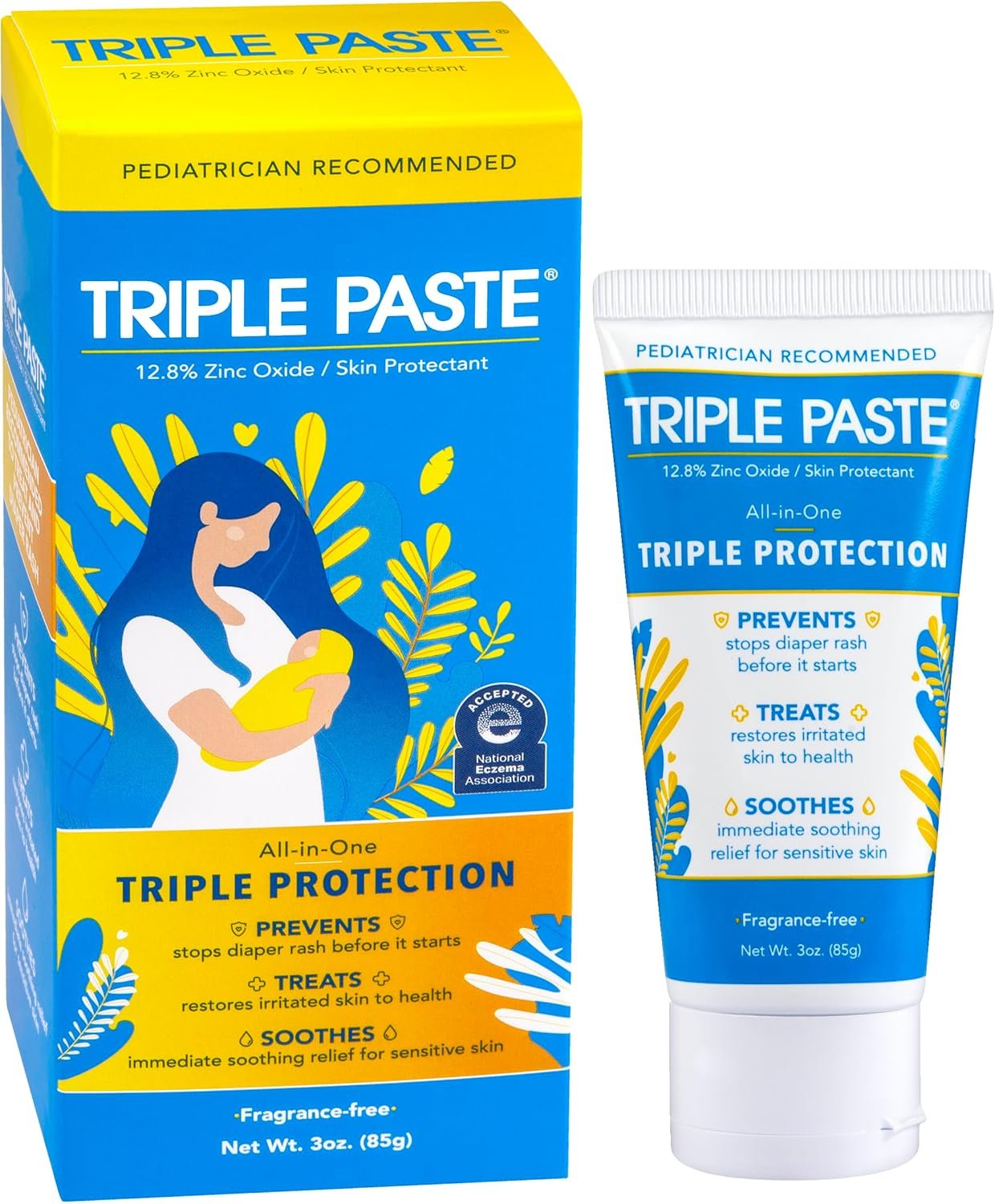 Triple Paste Diaper Rash Cream for Baby – 3 oz Tube – Zinc Oxide Ointment Treats, Soothes & Prevents Diaper Rash, Pediatrician-Recommended Hypoallergenic Formula, Baby Essentials for Daily & Overnight